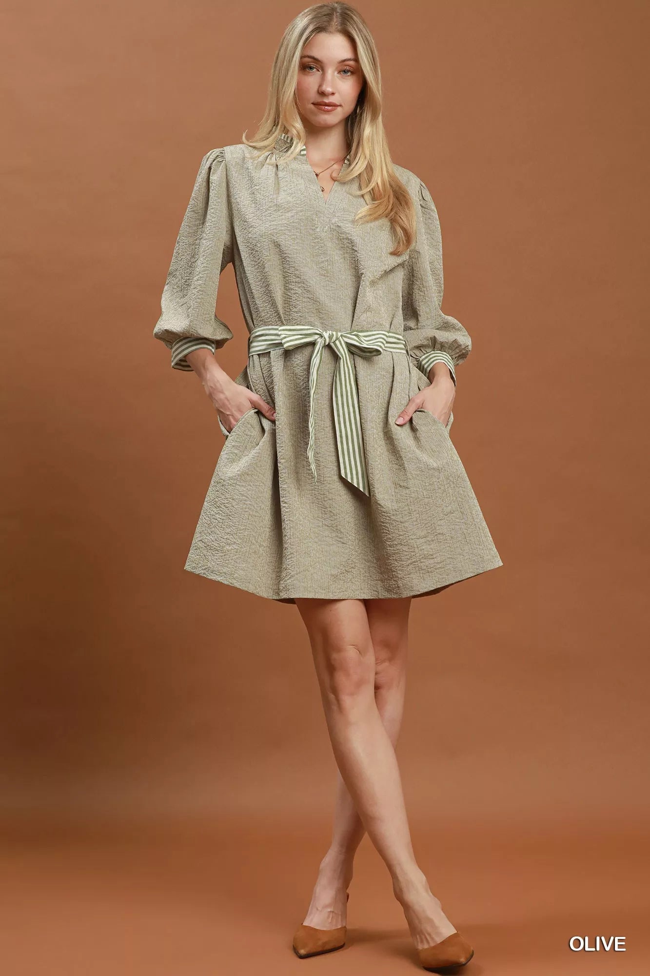 Umgee Textured Contrast Trim Tie Waist Mini Dress