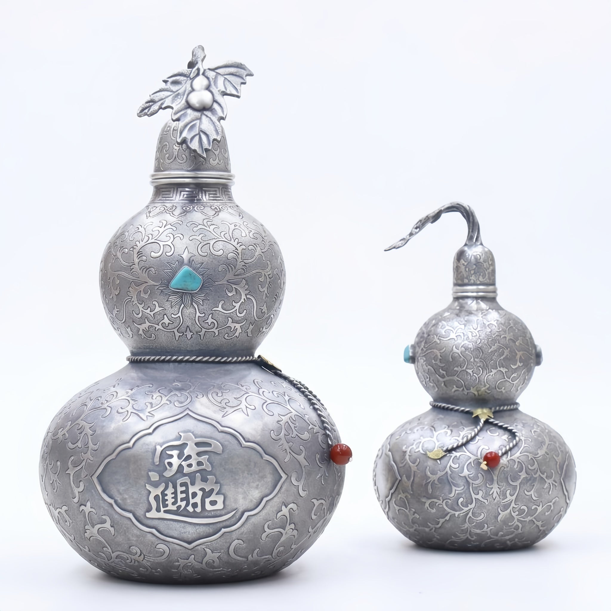 Pure 999 Fine Silver Ornate Silver-Tone Gourd Containers with Turquoise and Traditional Chinese Prosperity Engravings - Handicraft