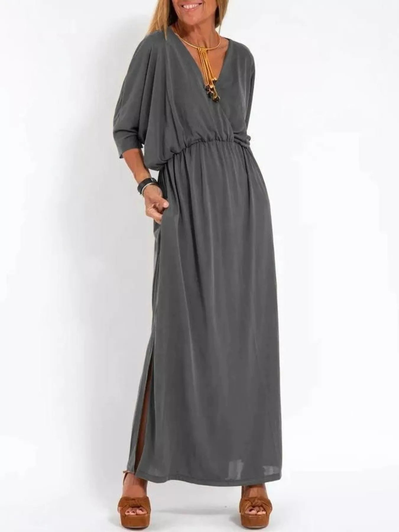 Full Size V-Neck Batwing Sleeve Maxi Dress with Side Slits Plus Size