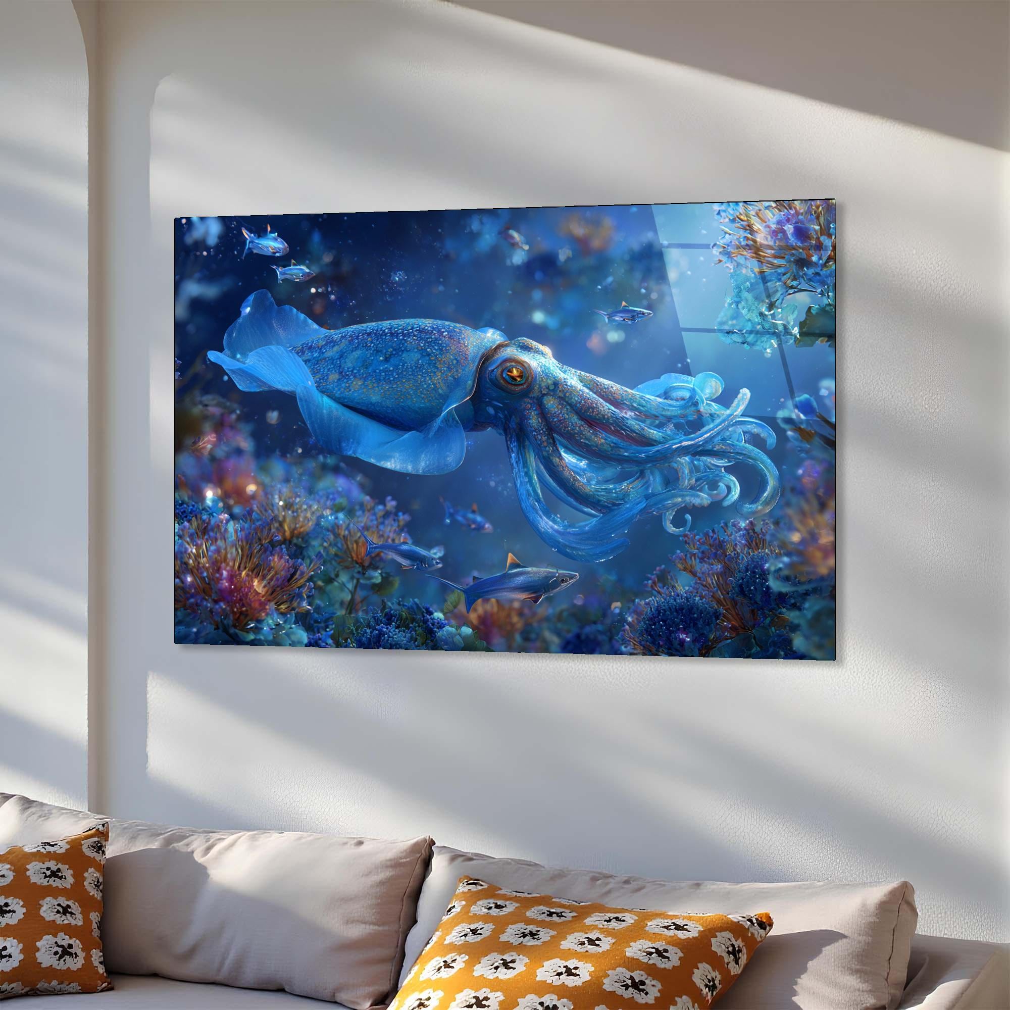Blue Squid Tempered Glass Wall Art | Ocean Reef Decor