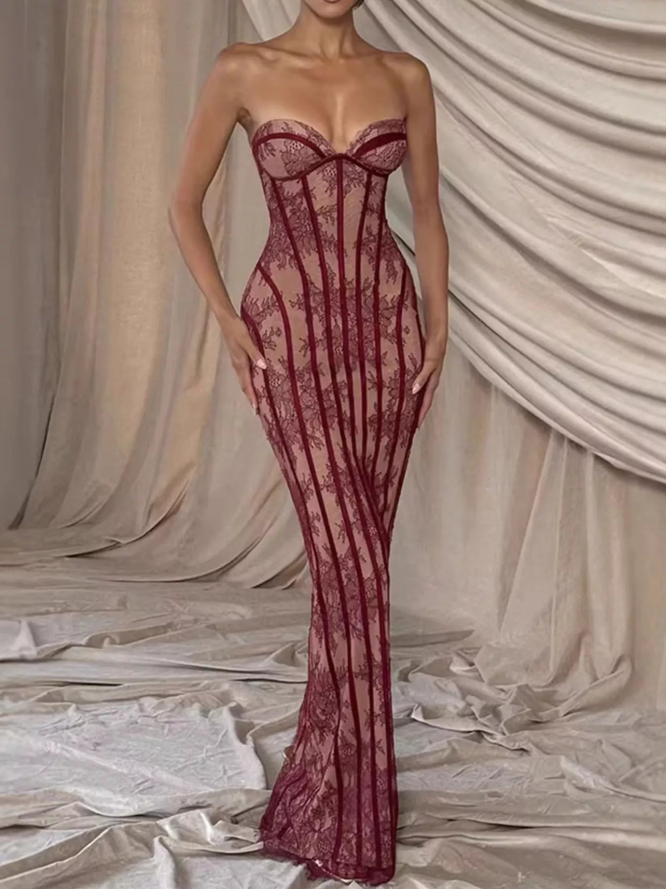 Lace Up Back Strapless Maxi Dress