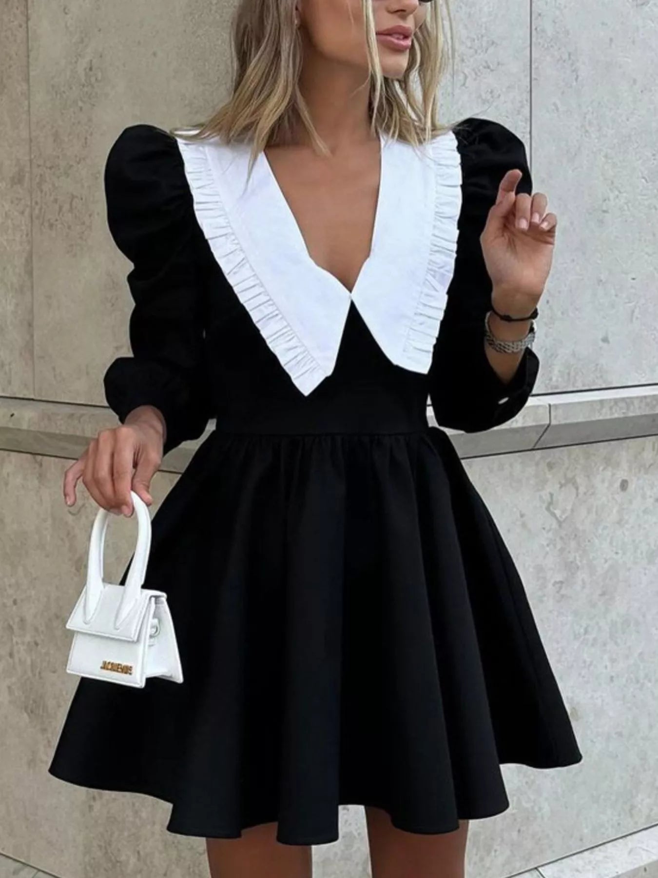 Puff Sleeve Contrast Collar Dress