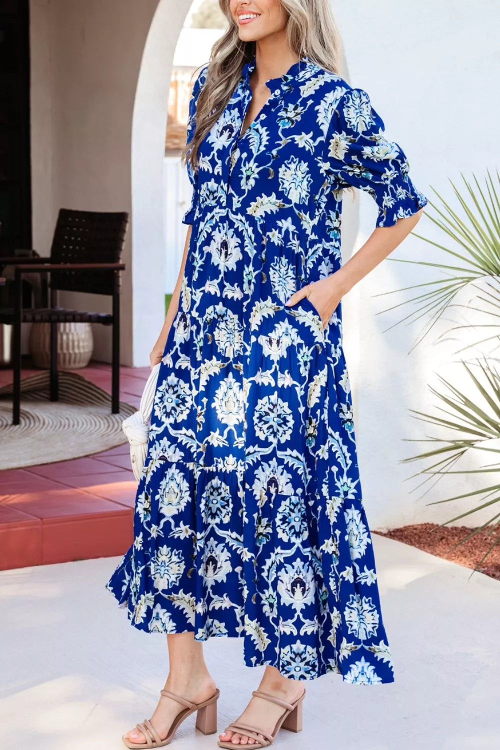 Wild Floral Print Frilled Collar Half Sleeve Dress