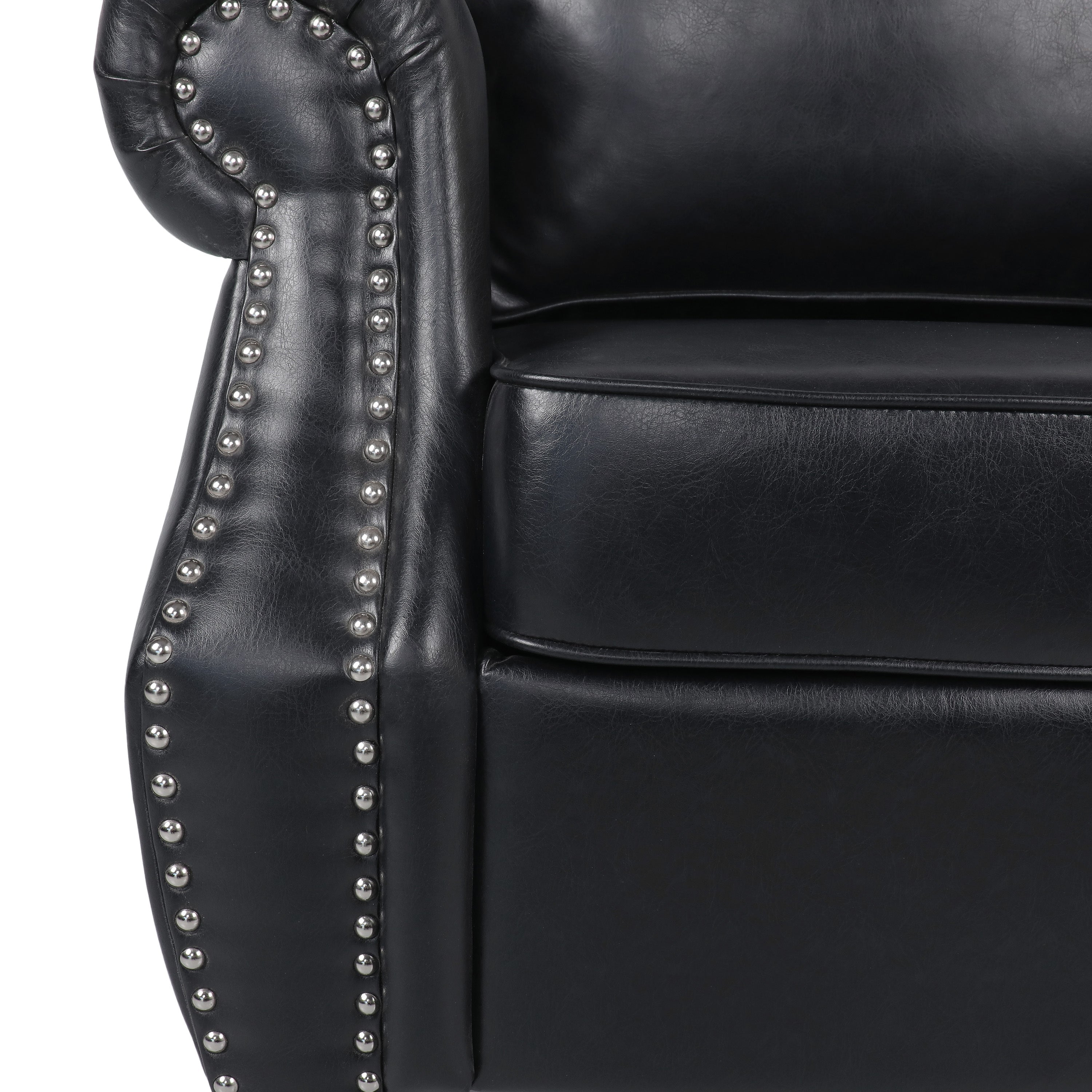 Club Chair Contemporary PU Leather Black Rolled Arms Nailhead Trim 37 In