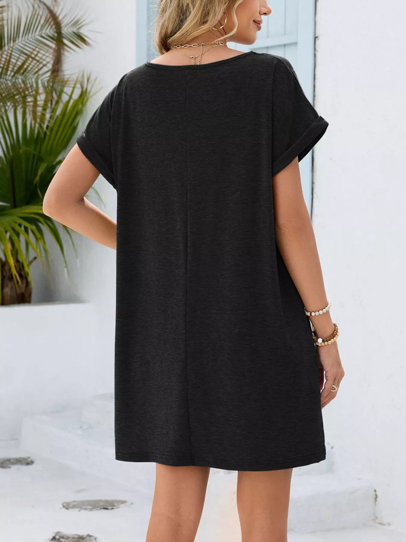Lace Trim Notched Short Sleeve Dress