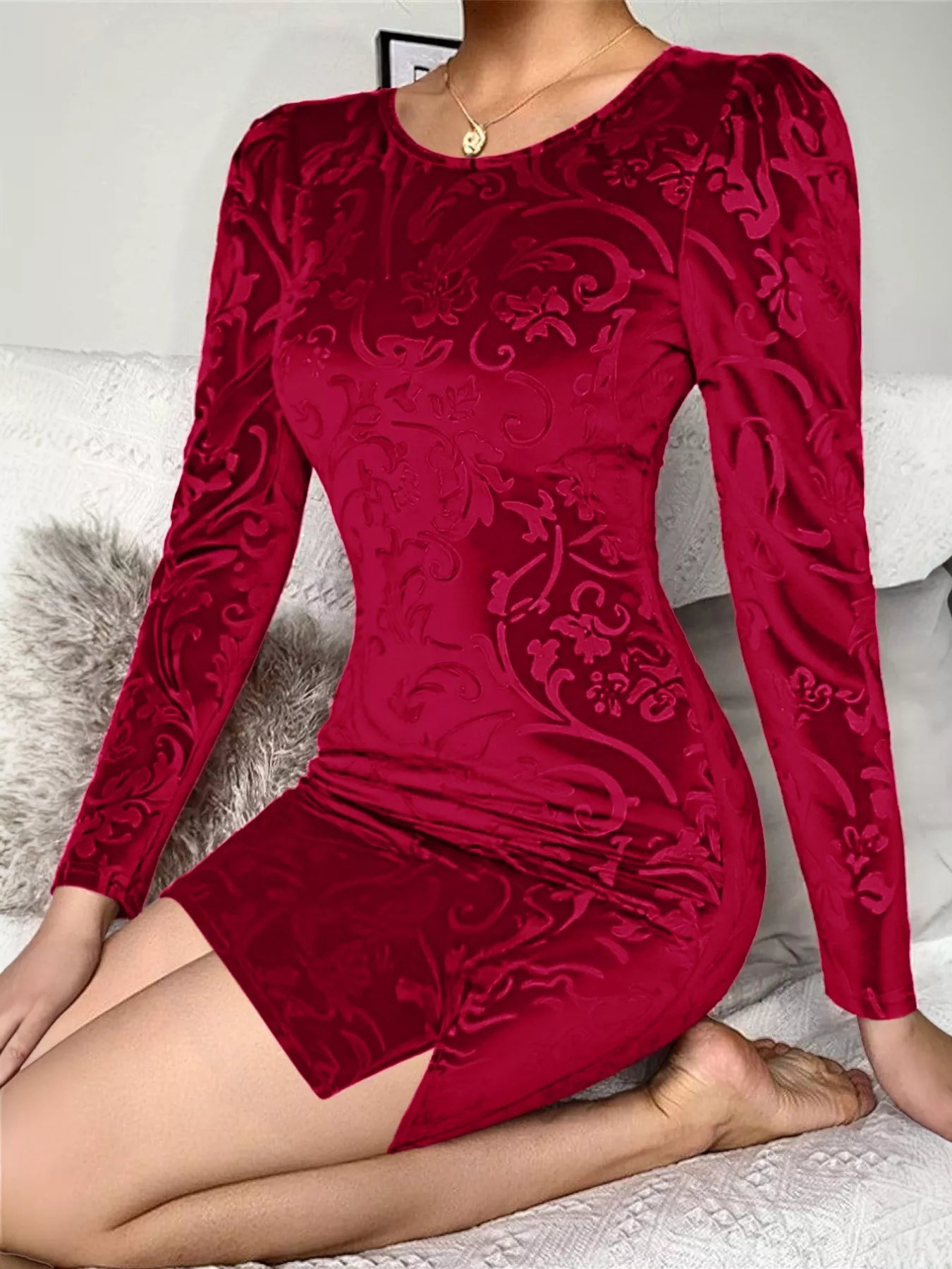 Velvet Floral Bodycon Mini Dress