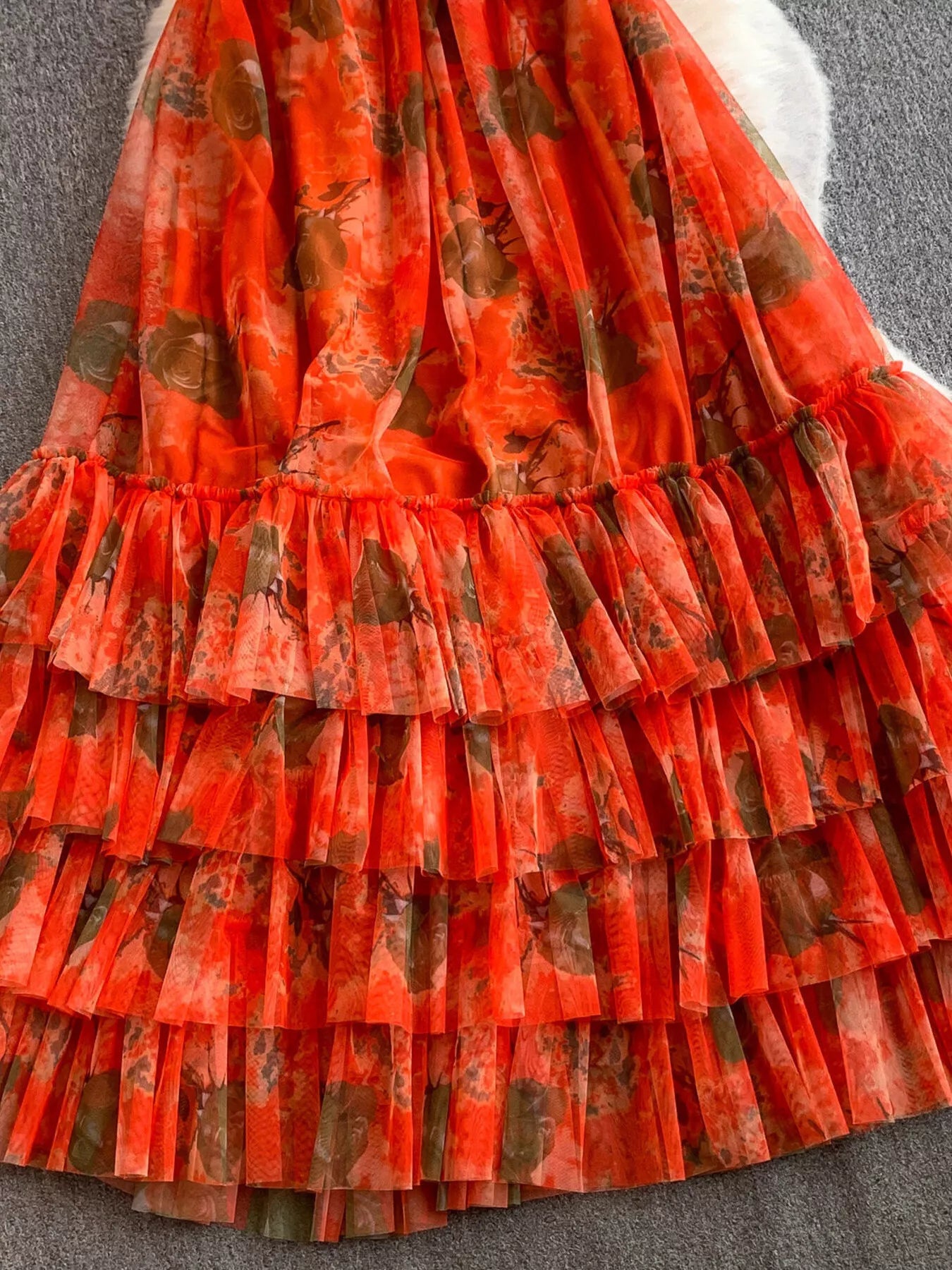Floral Print Ruffled Layered Mesh Dress