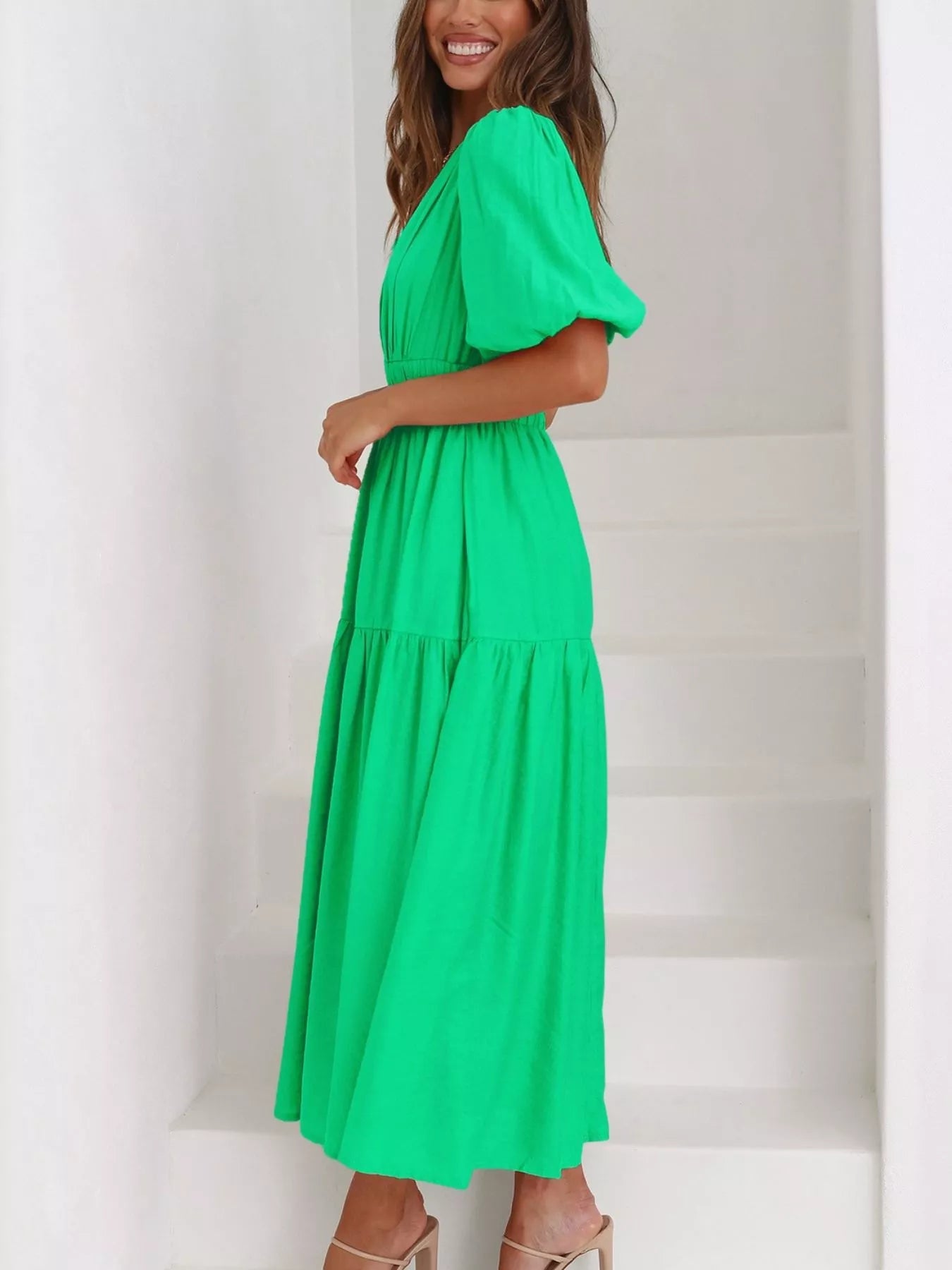 V-Neck Puff Sleeve Midi Dress