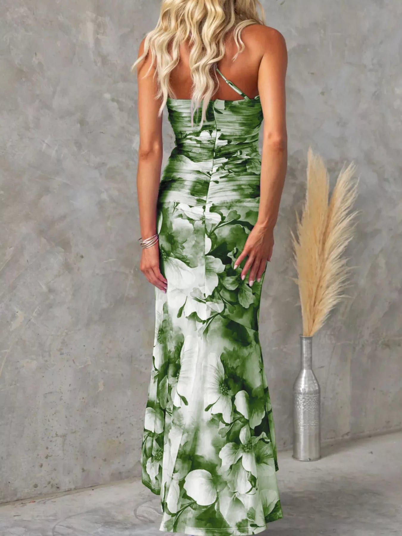 Floral Print One-Shoulder Ruched Maxi Dress