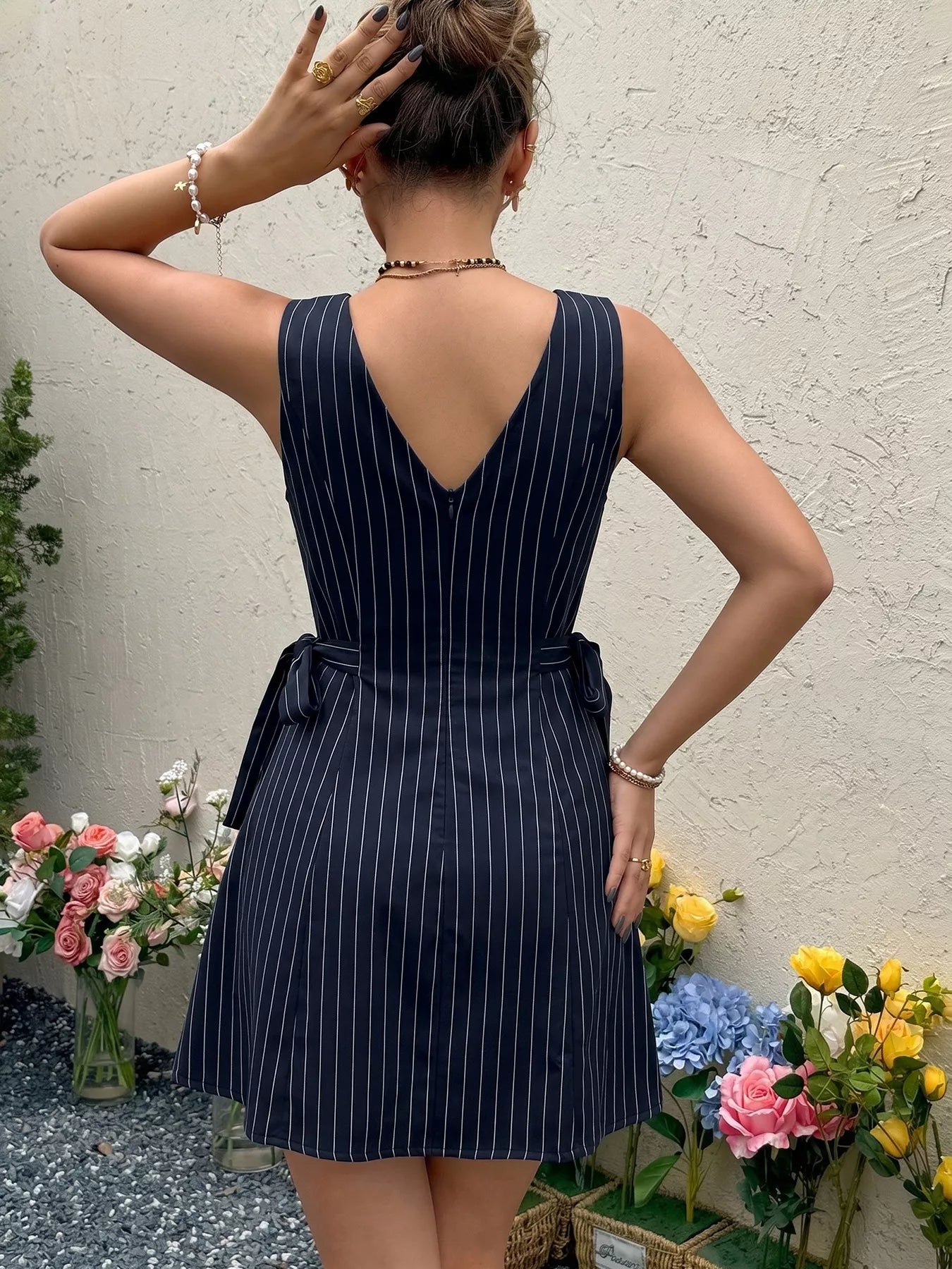 Striped Sleeveless Tie Waist Dress