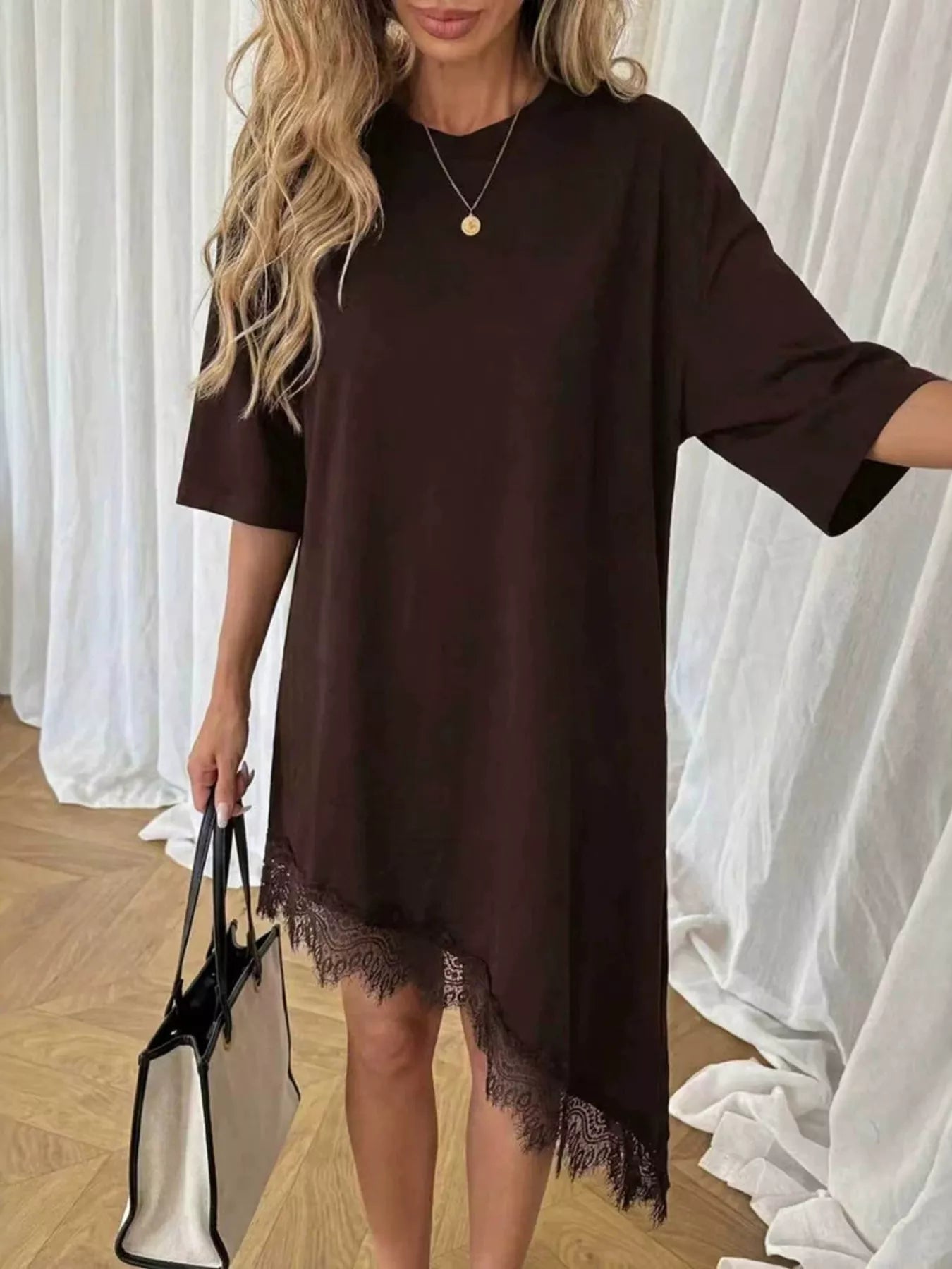 Lace Trim Asymmetrical Hem T-shirt Dress