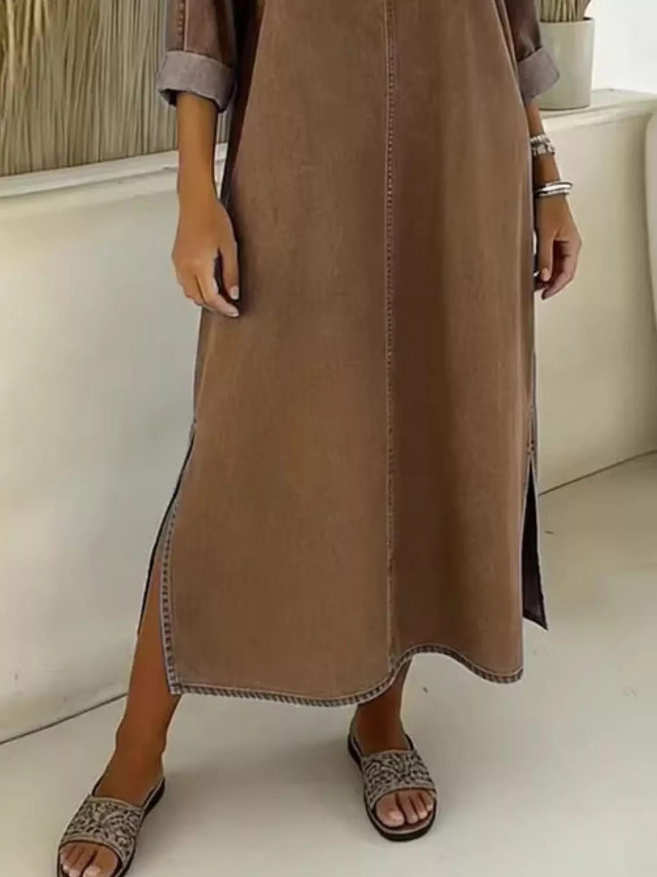 Side Slit V-Neck Midi Dress