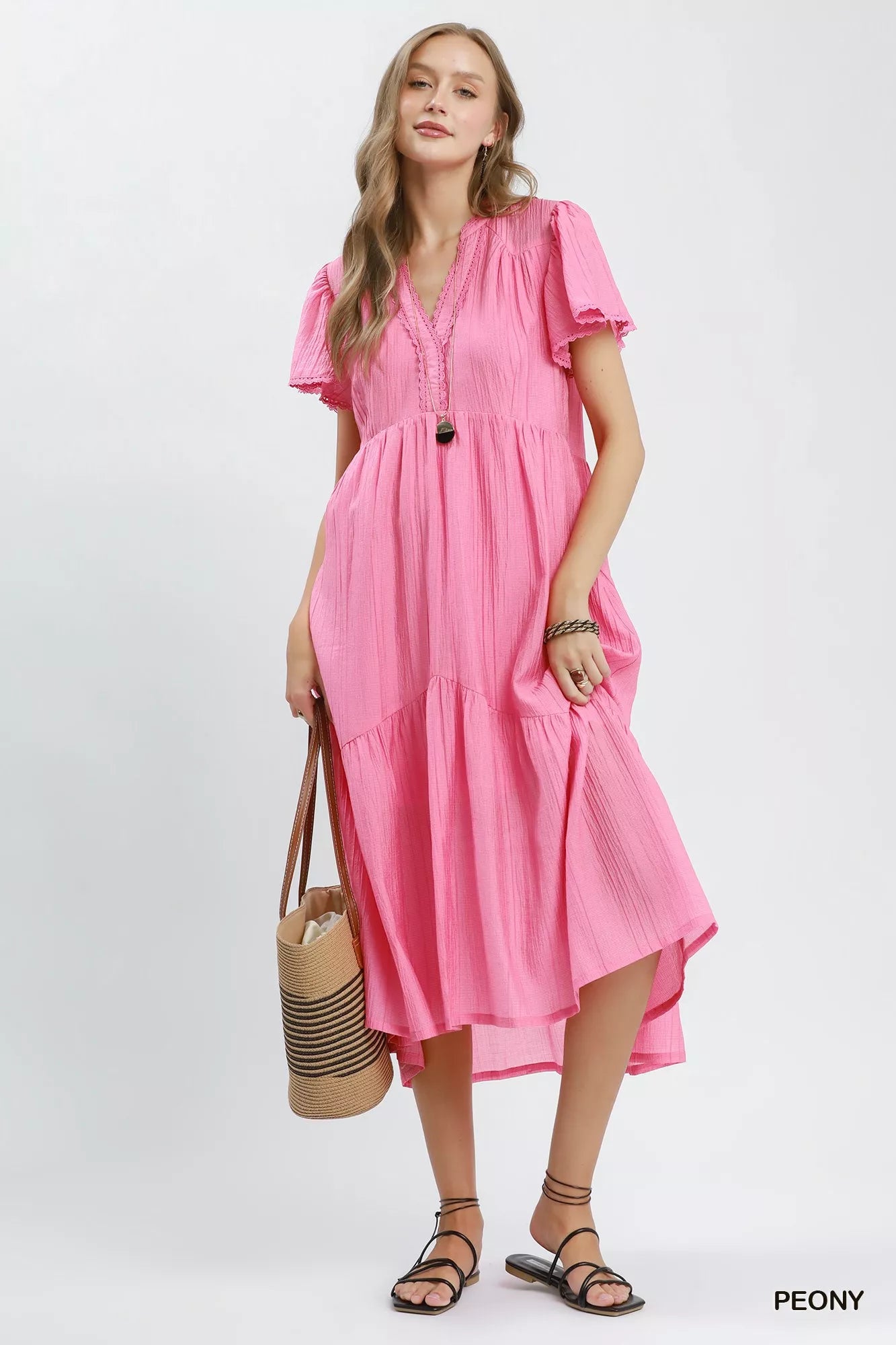 Umgee Textured Tiered Midi Dress with Side Pockets