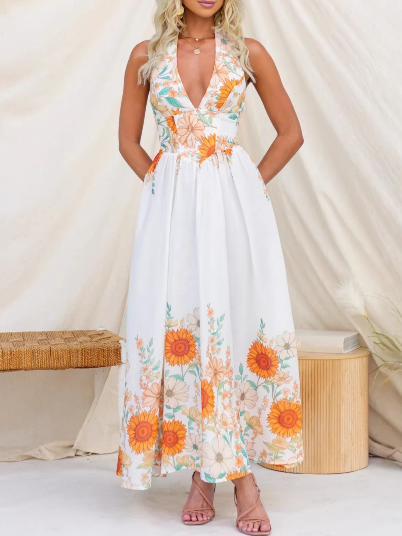 Floral Print Halter Neck Maxi Dress