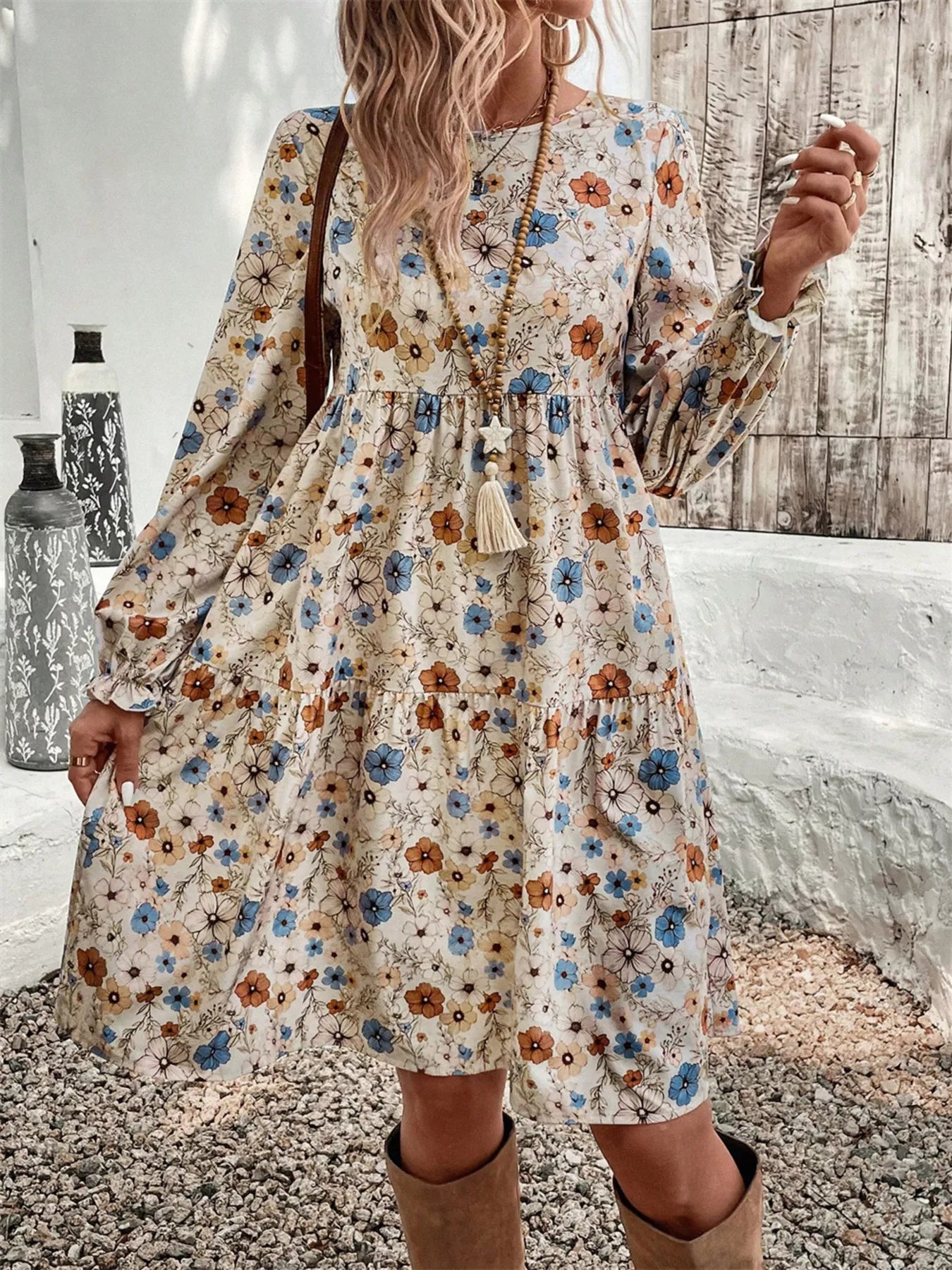 Floral Print Ruffle Hem Long Sleeve Casual Dress