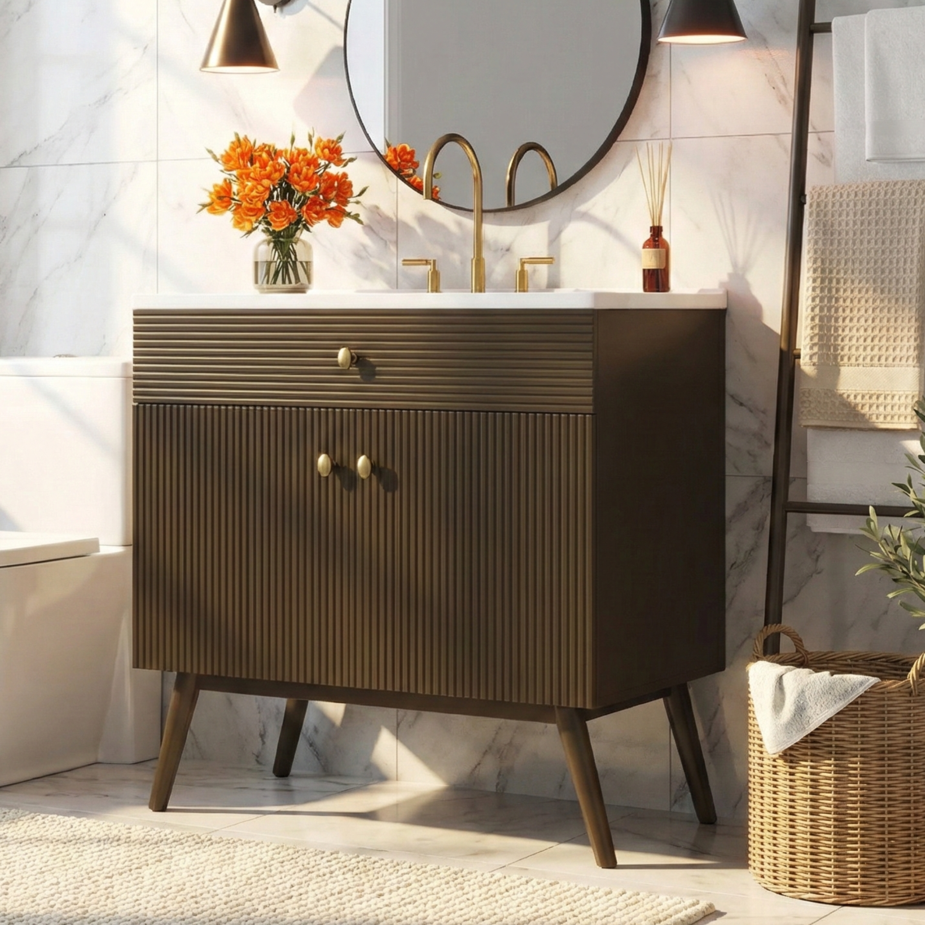 36" Luxury Striped Bathroom Vanity, Soft-Close Dual-Door Storage & Premium Ceramic Sink