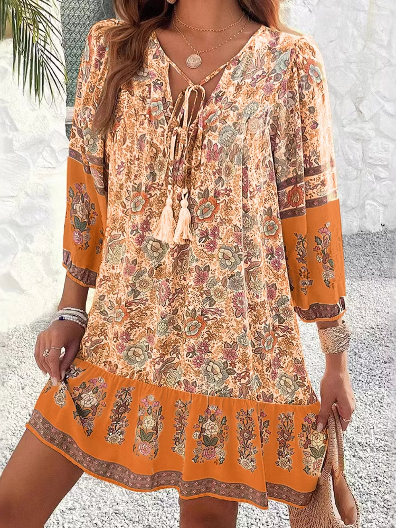 Floral Print Tassel Tie Neck Mini Dress