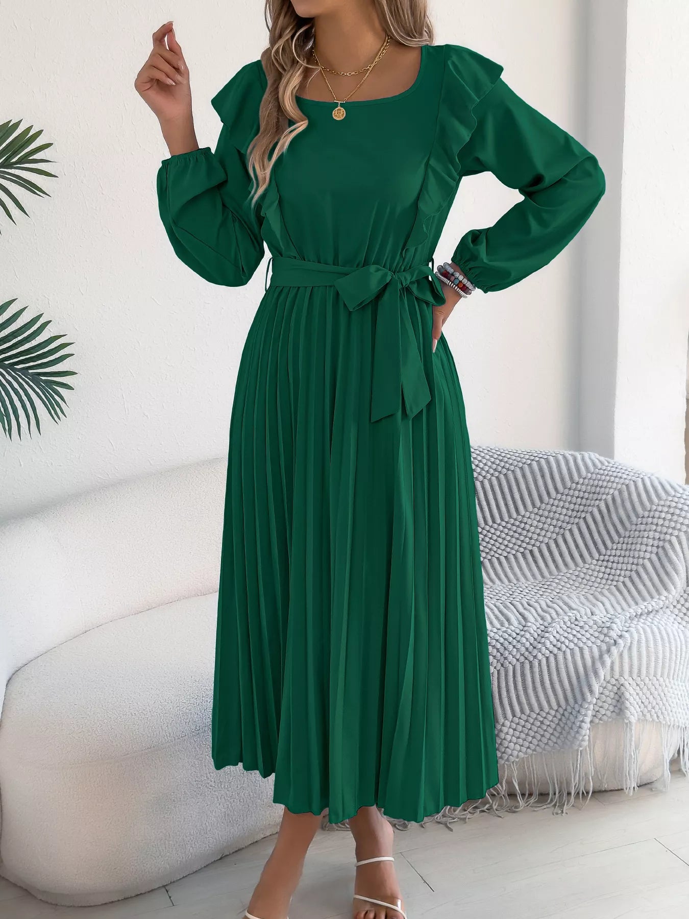 Ruffle Trim Pleated A-Line Midi Dress