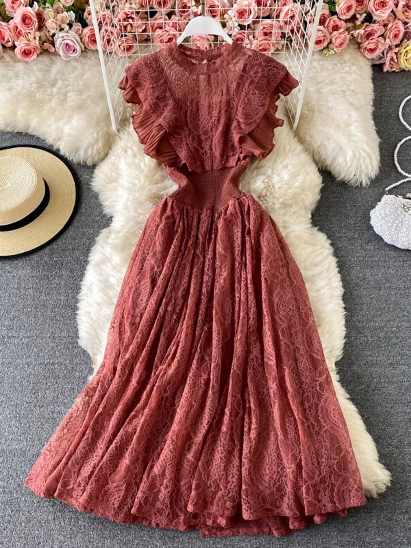 Ruffled Mock Neck Lace Maxi Dress