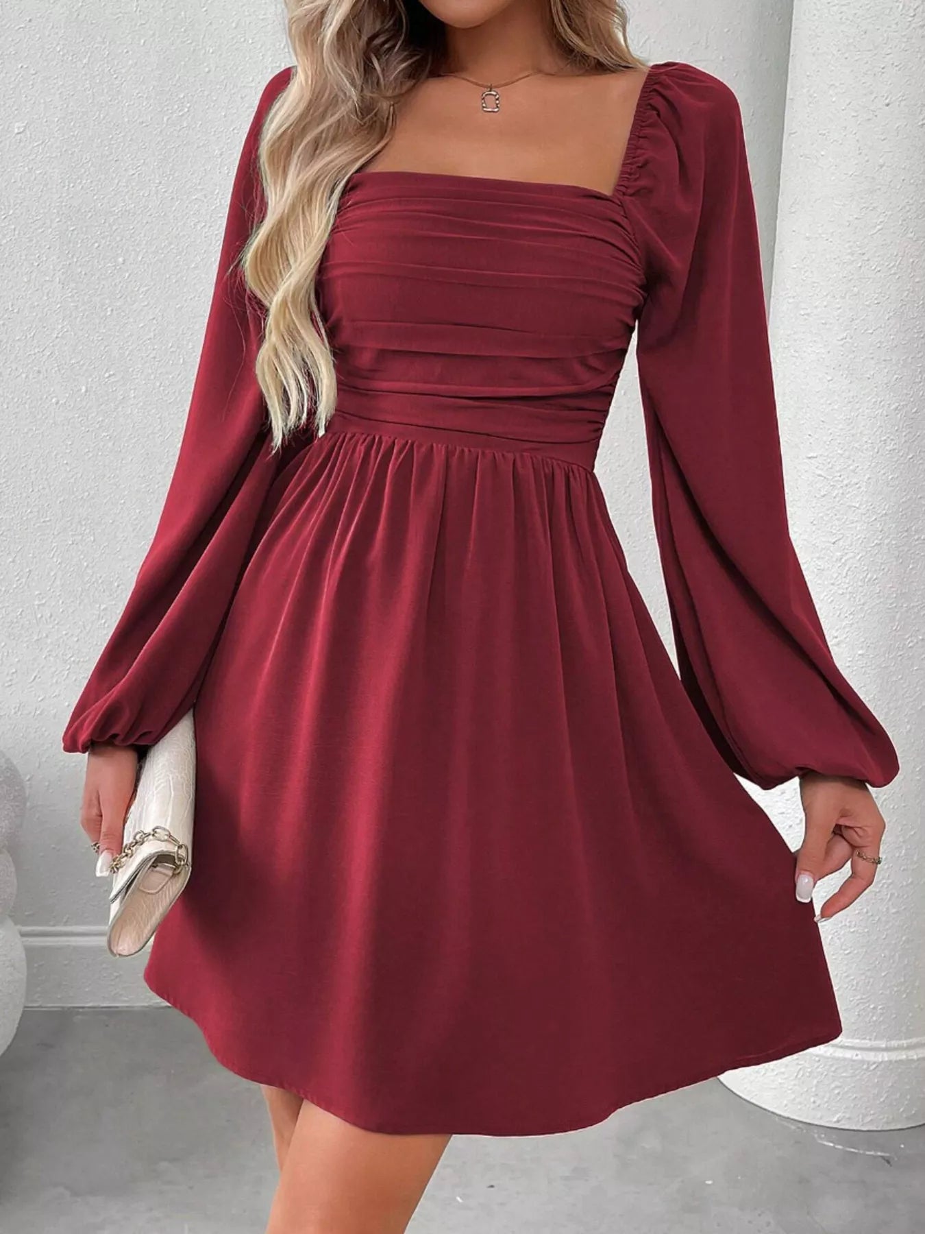Ruched Square Neck Long Sleeve A-Line Dress