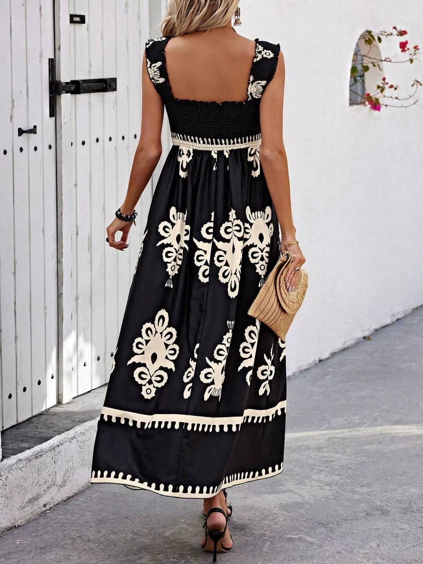 Smocked Printed Square Neck Maxi Dress