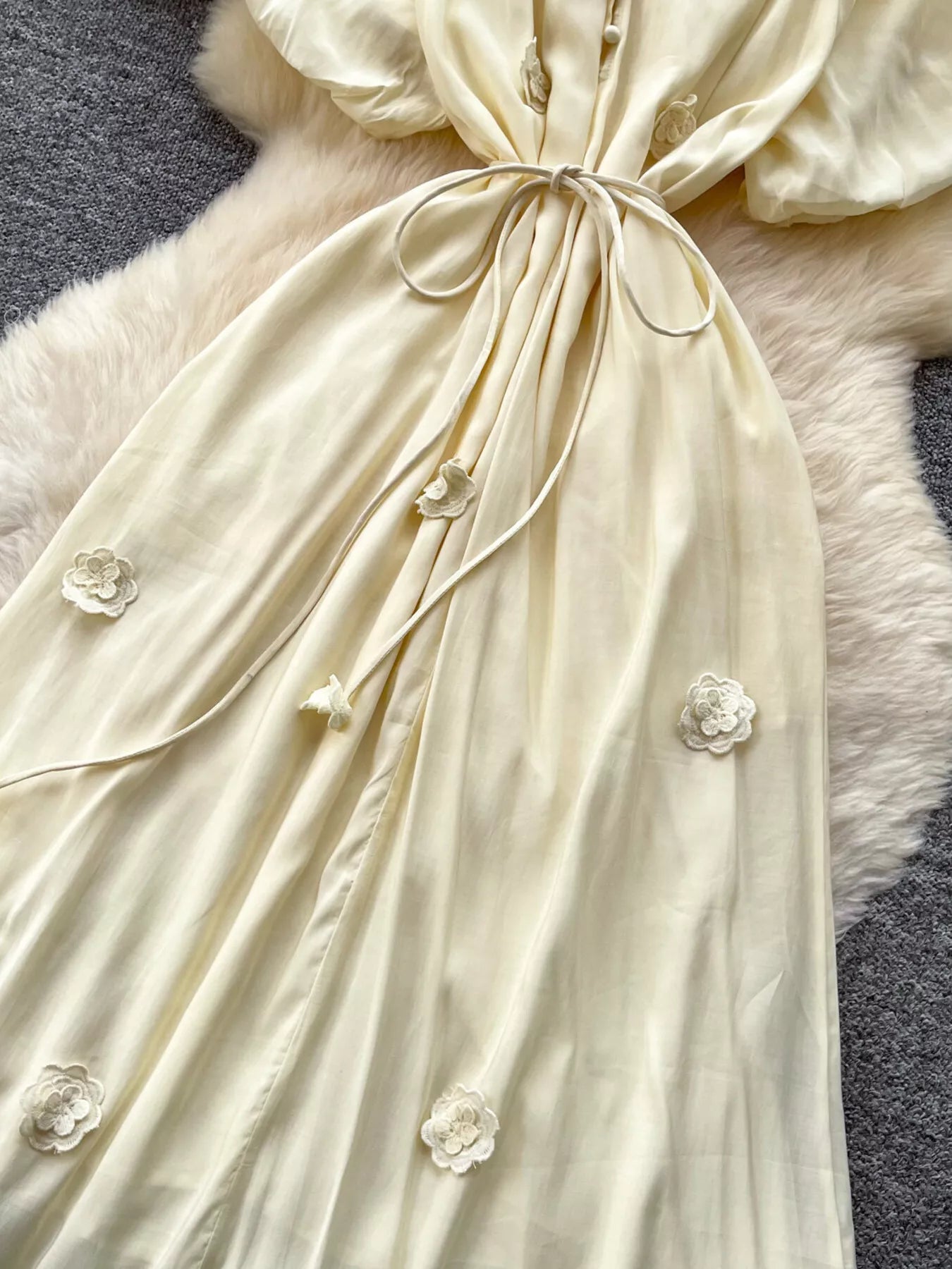 Floral Decor Tie Waist Puff Sleeve Dress