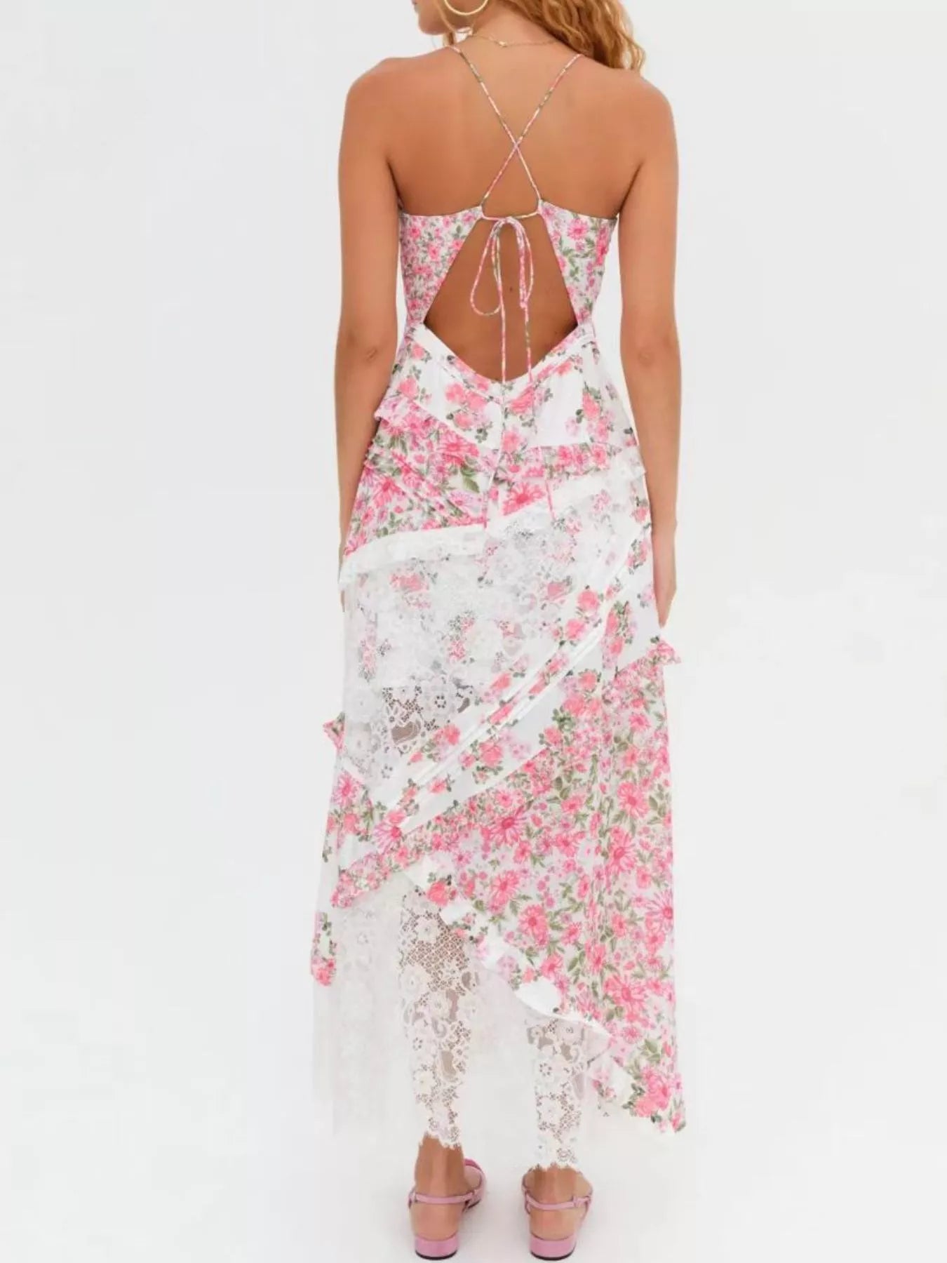Lace Floral Print Ruffle Trim Maxi Dress