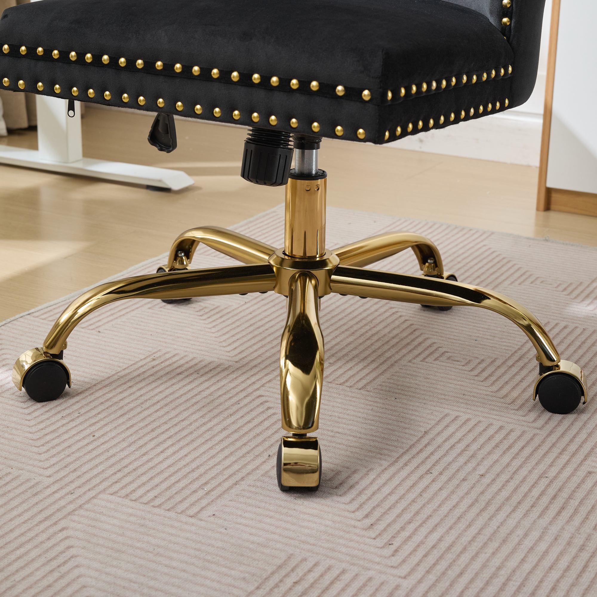 Swivel Office Chair Velvet Black Tufted Button Gold Metal Base 24.8x38.6 In