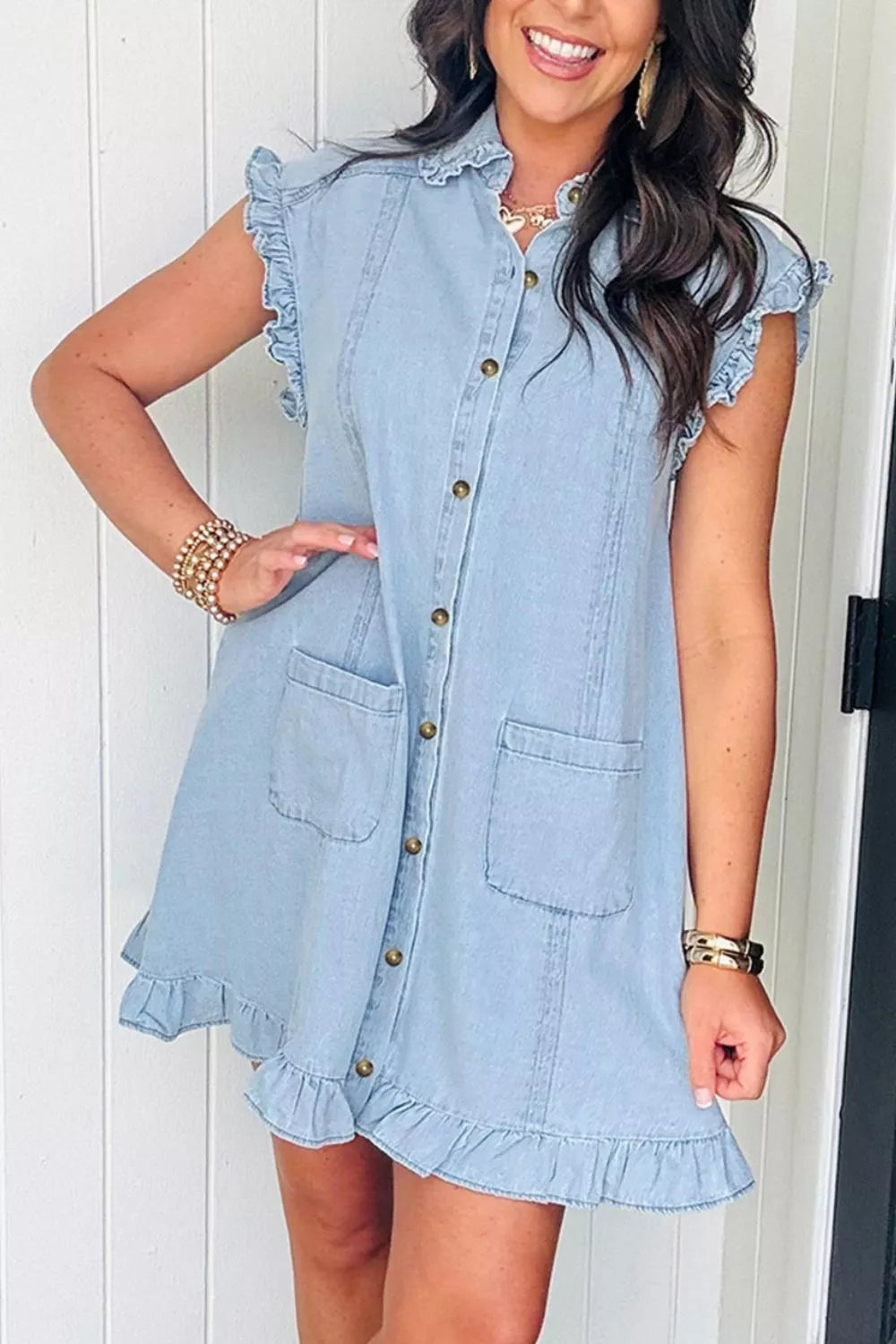 Ruffled Edge Collared Shift Denim Dress with Pockets
