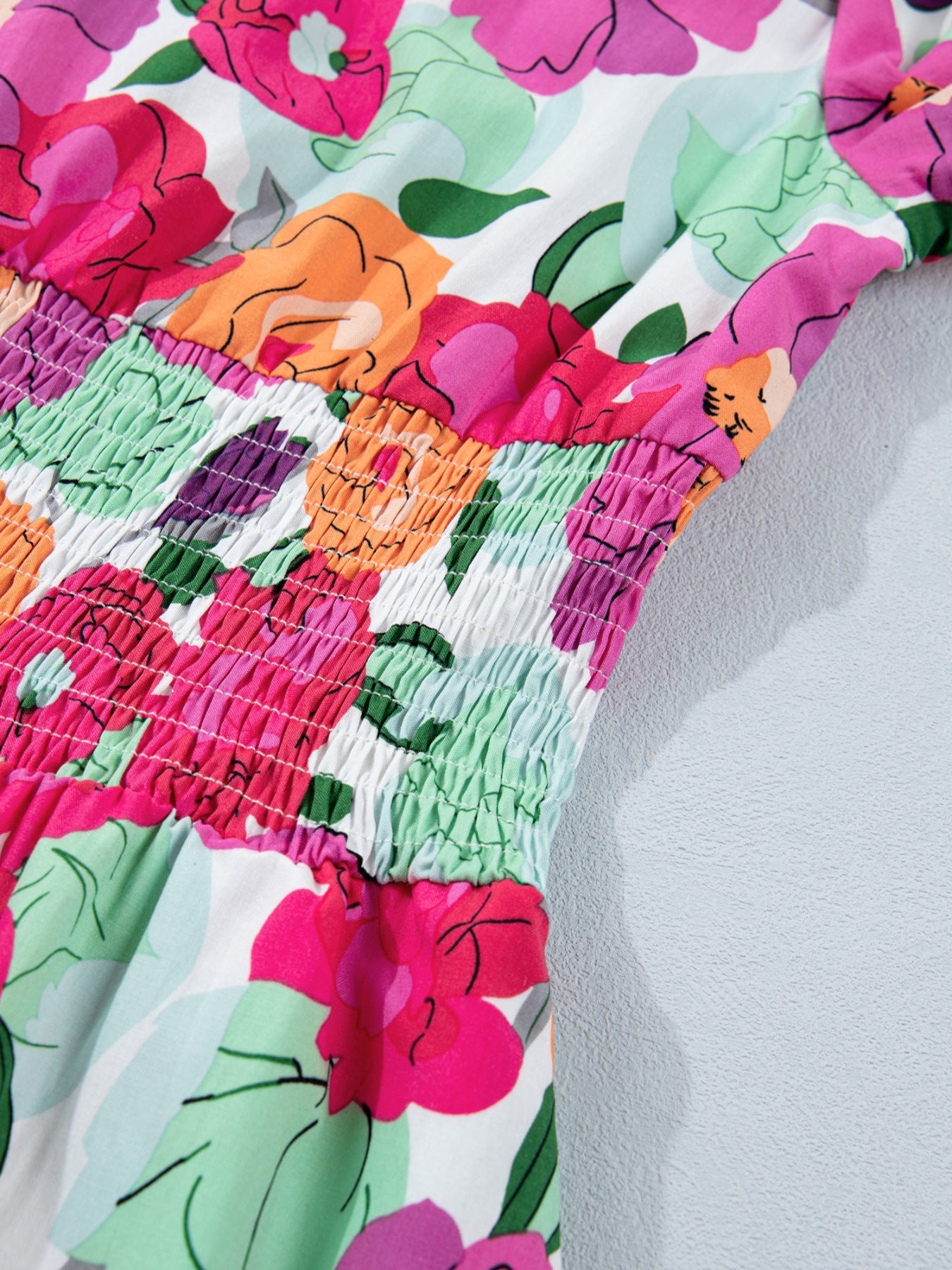 Vibrant Floral Print V Neck Zip Up Puffy Half Sleeve Dress