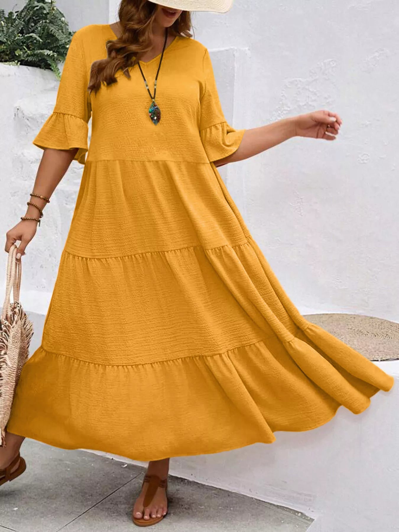 Plus Size Ruffle Sleeves Tiered Midi Dress