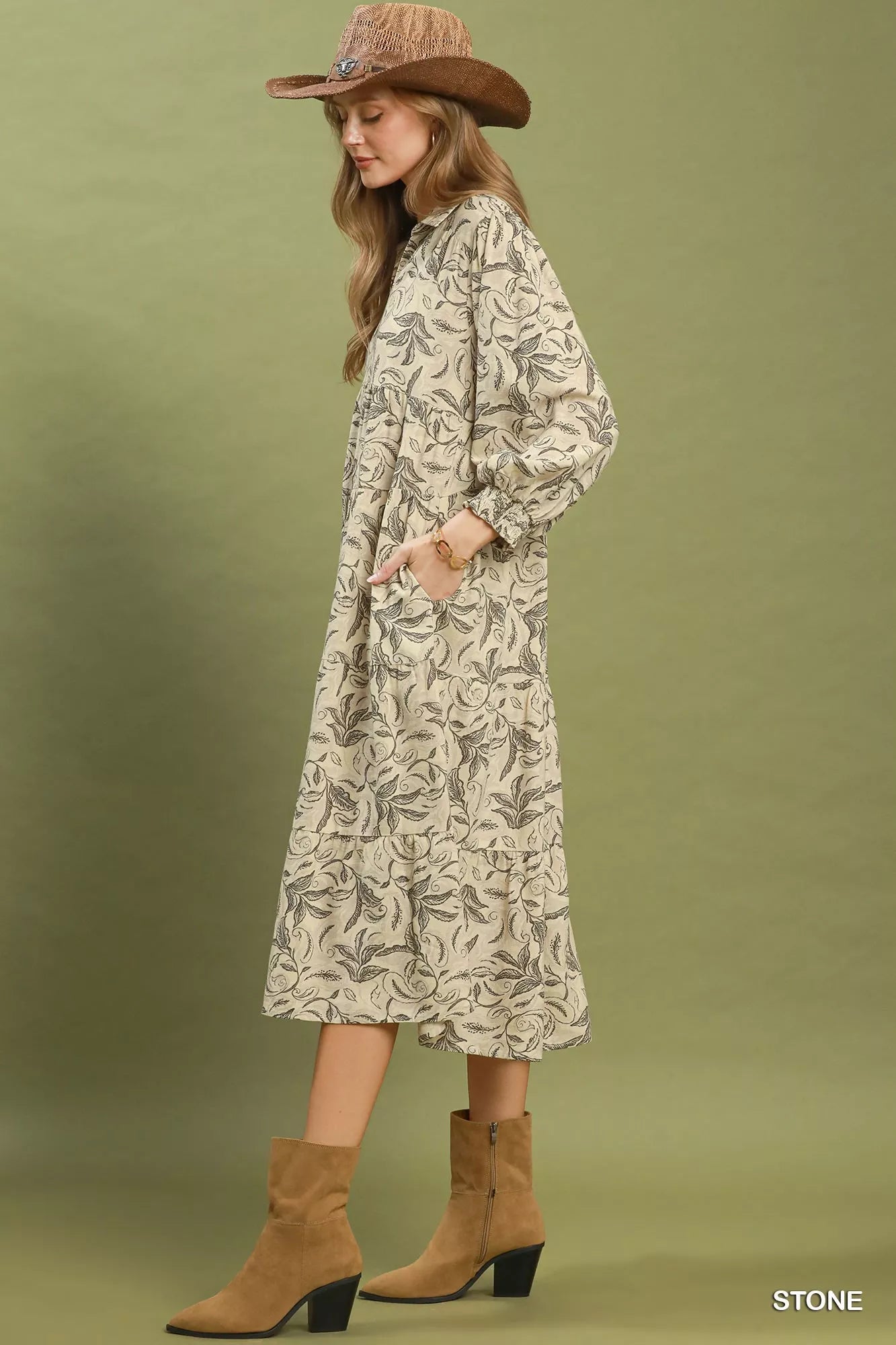 Umgee Linen Botanical Print Tiered Midi Dress