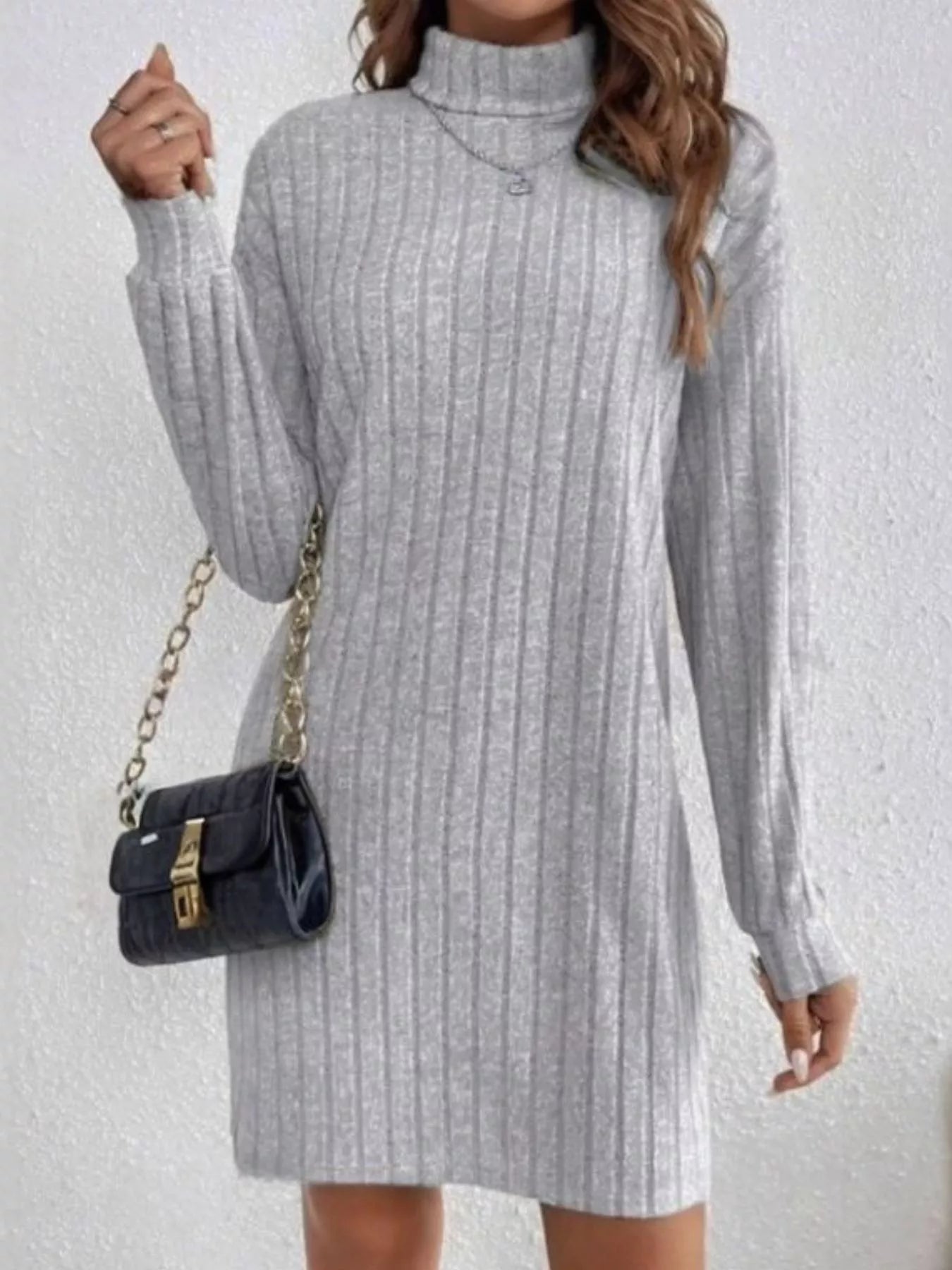 Casual Ribbed Turtleneck Long Sleeve Mini Dress