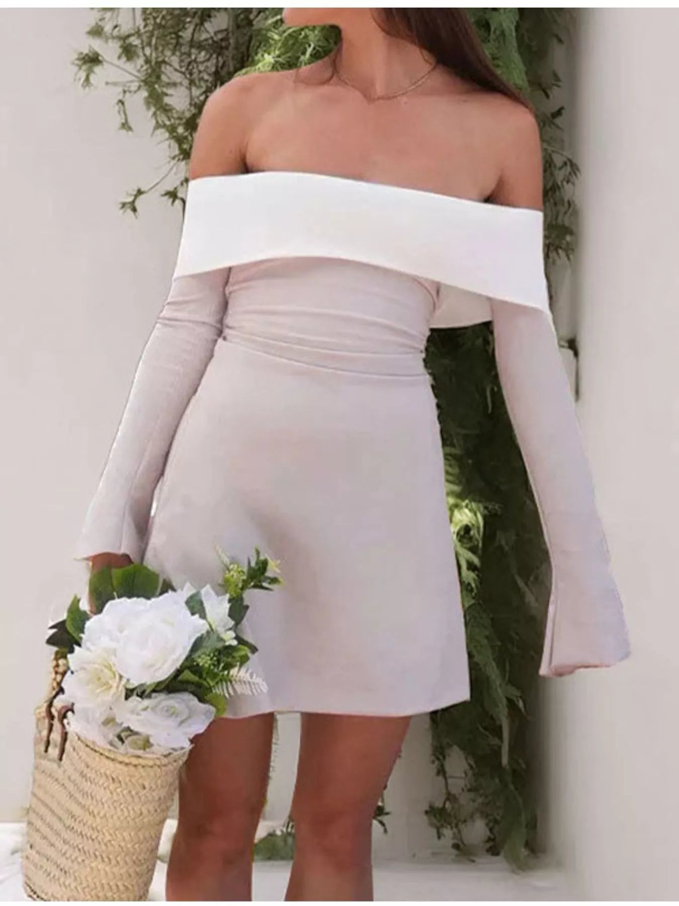 Off-Shoulder Flare Sleeve Mini Dress