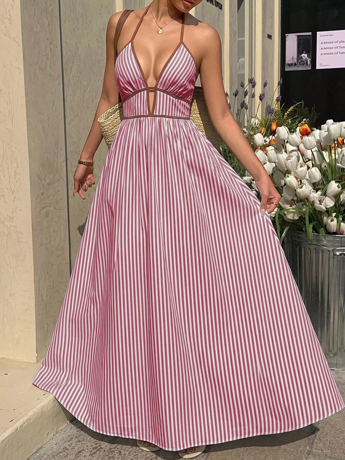 Striped Halter Neck Maxi Dress