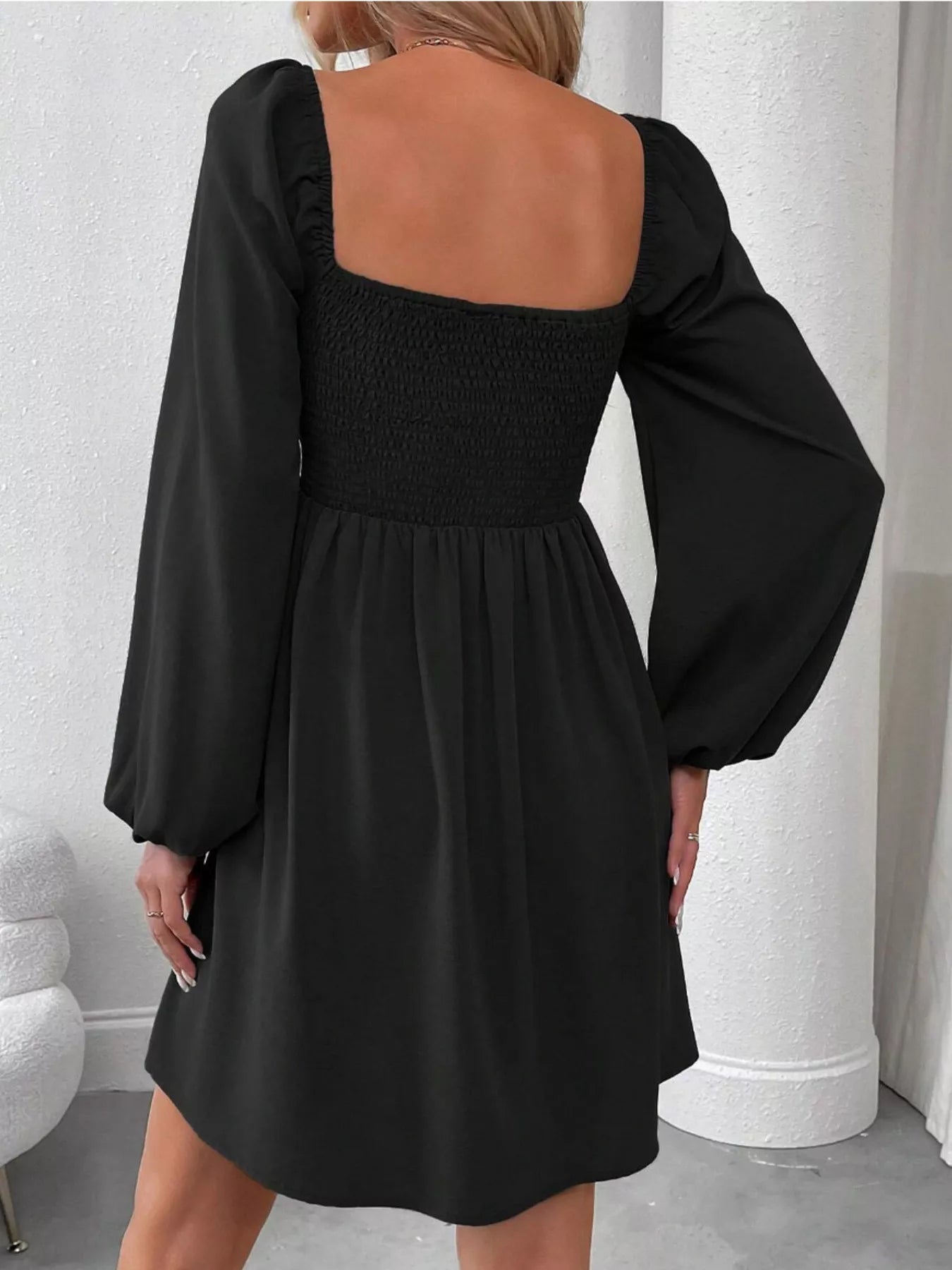 Ruched Square Neck Long Sleeve A-Line Dress