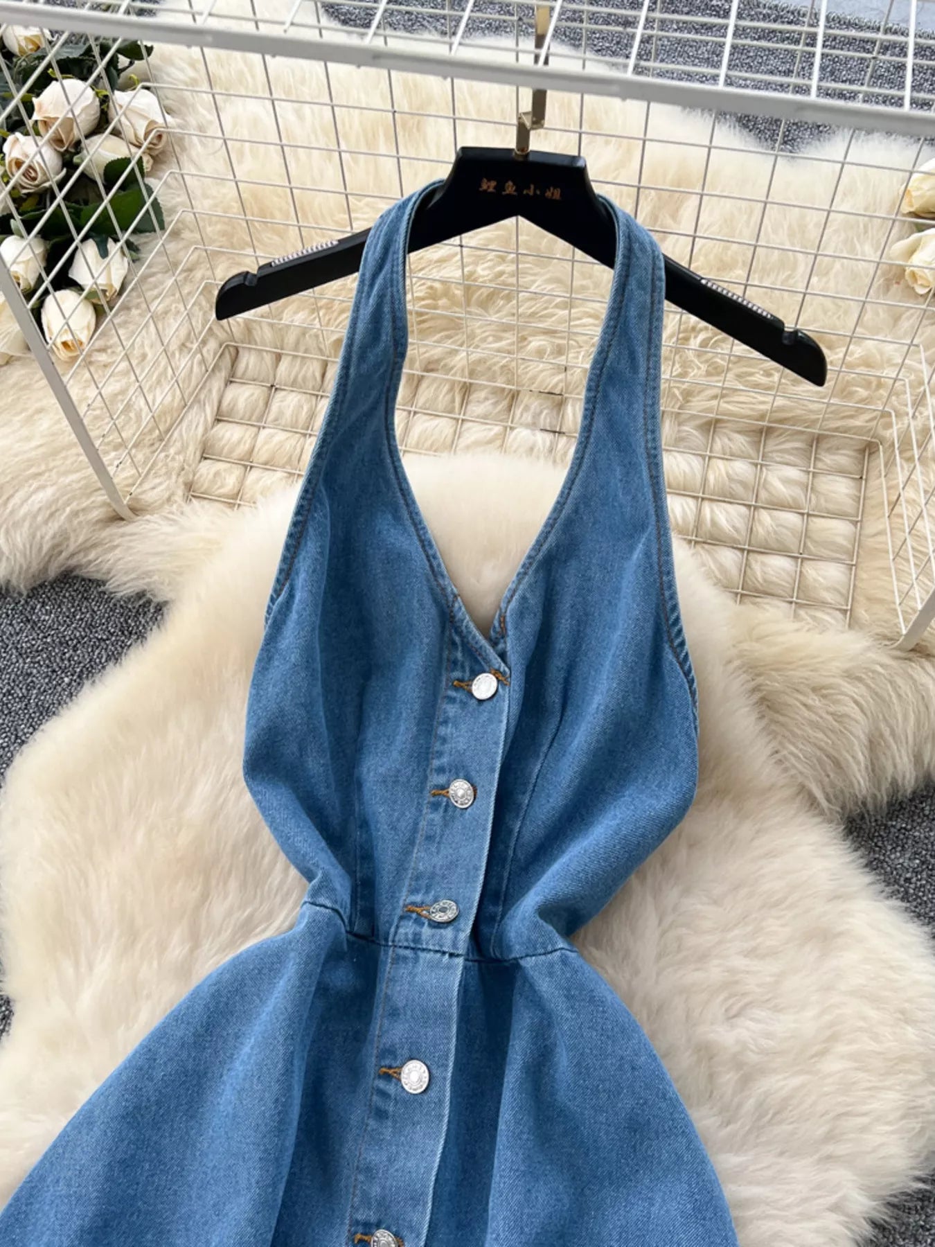 Halter Neck Button-Down Denim Dress