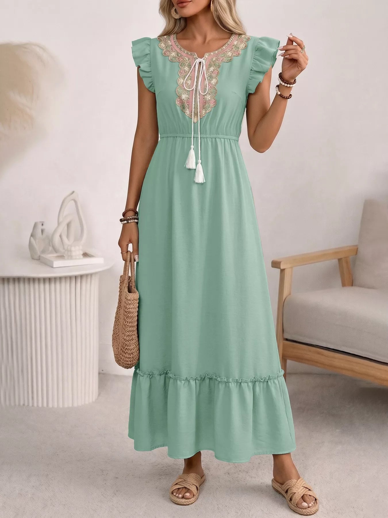 Tie Neck Ruffle Sleeve Maxi Dress
