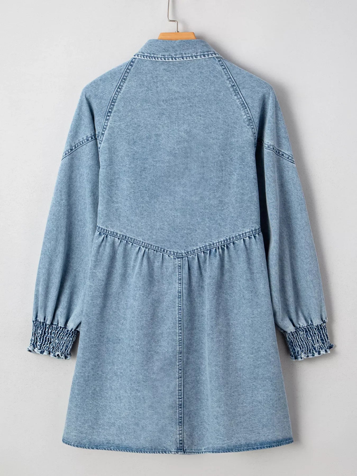 Smocked Cuffs Flared Denim Shirt Mini Dress