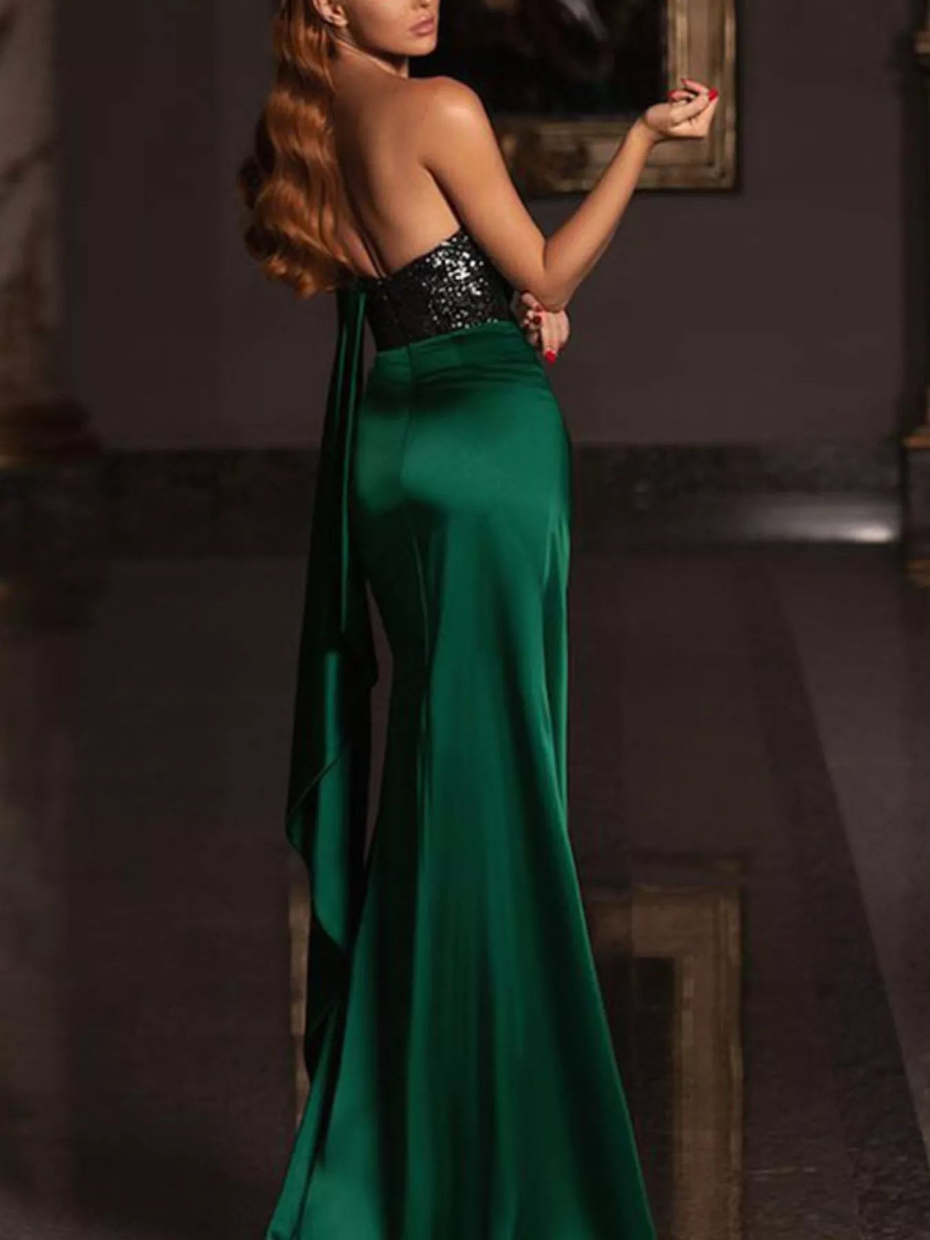 One-Shoulder Sequin Bodice Satin Gown with High Slit
