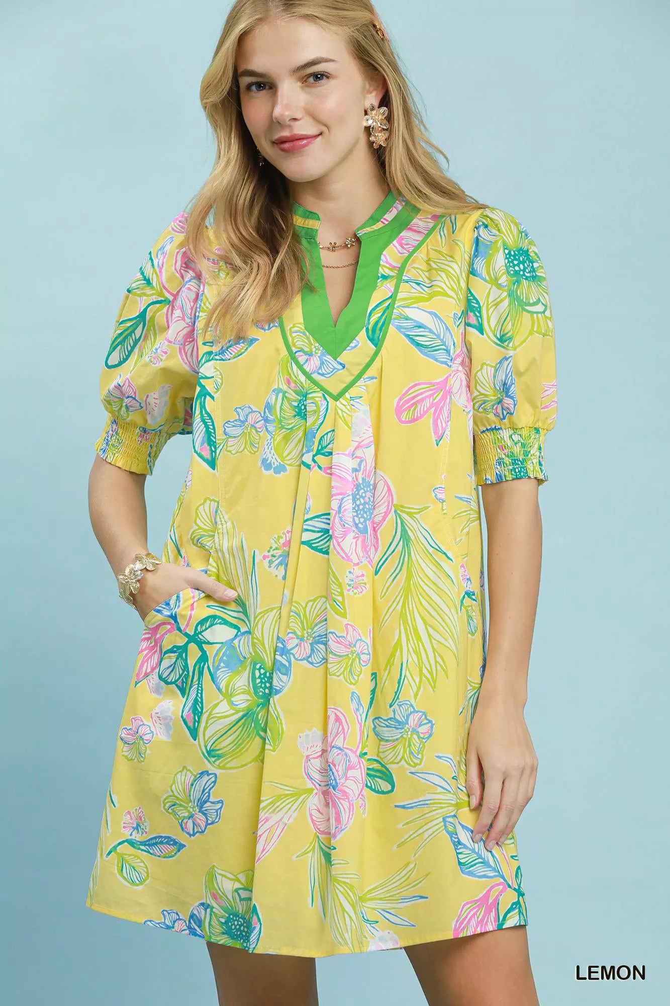 Umgee Botanical Print Dress with Smocked Cuffs