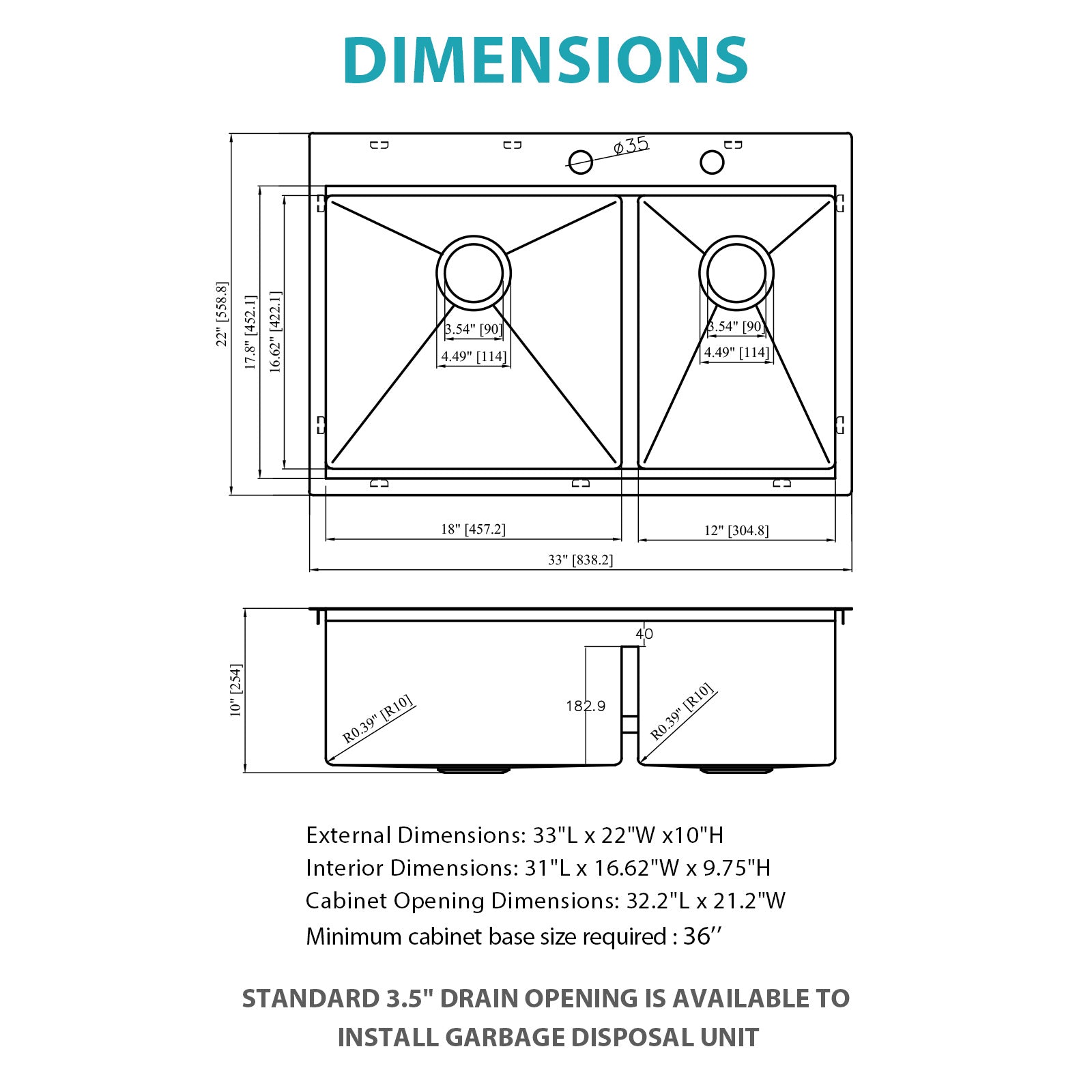 Topmount Drop-In Kitchen Sink - 33"x22" Double Bowl