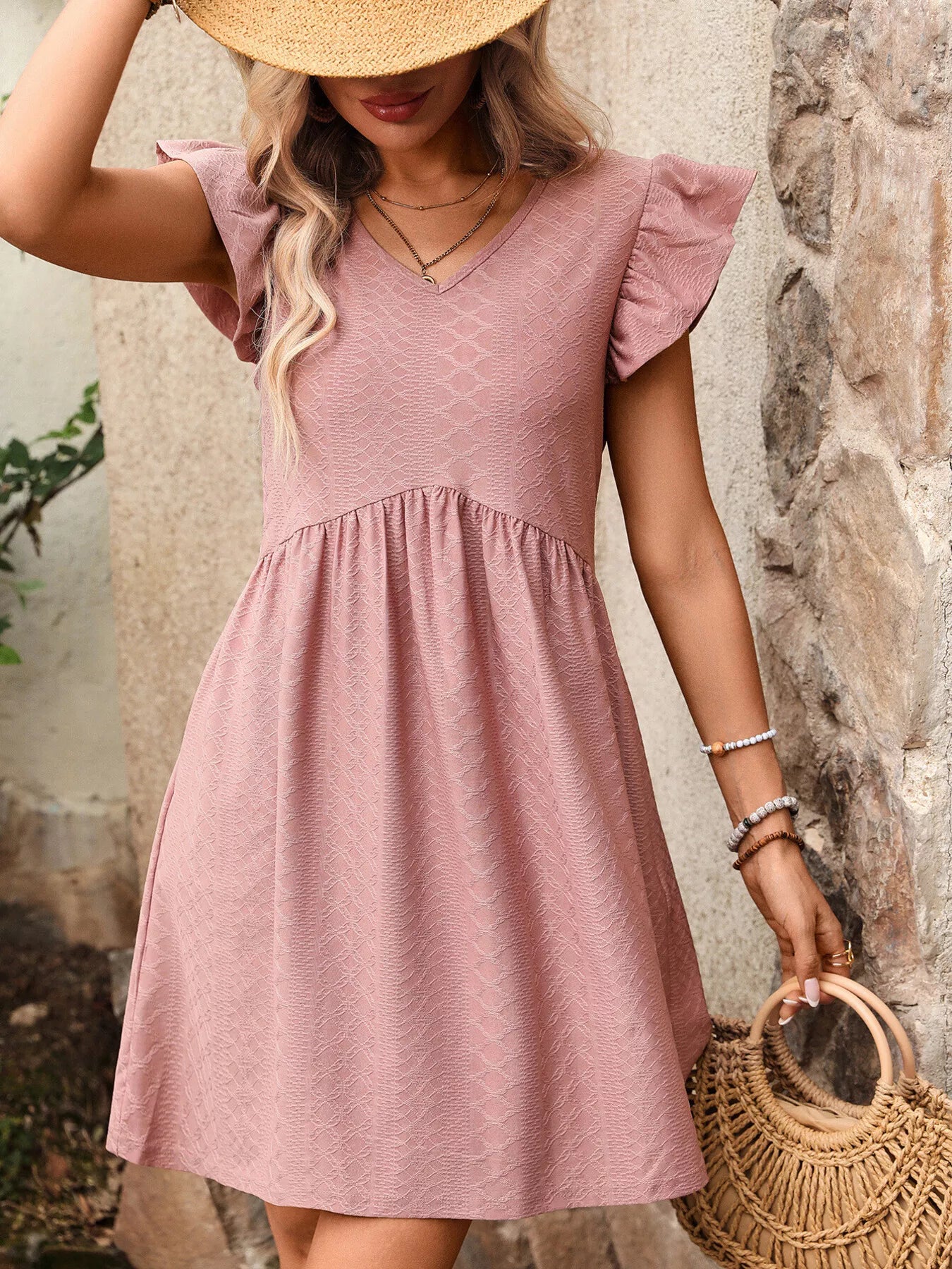 Ruffle Sleeve V-Neck A-Line Dress