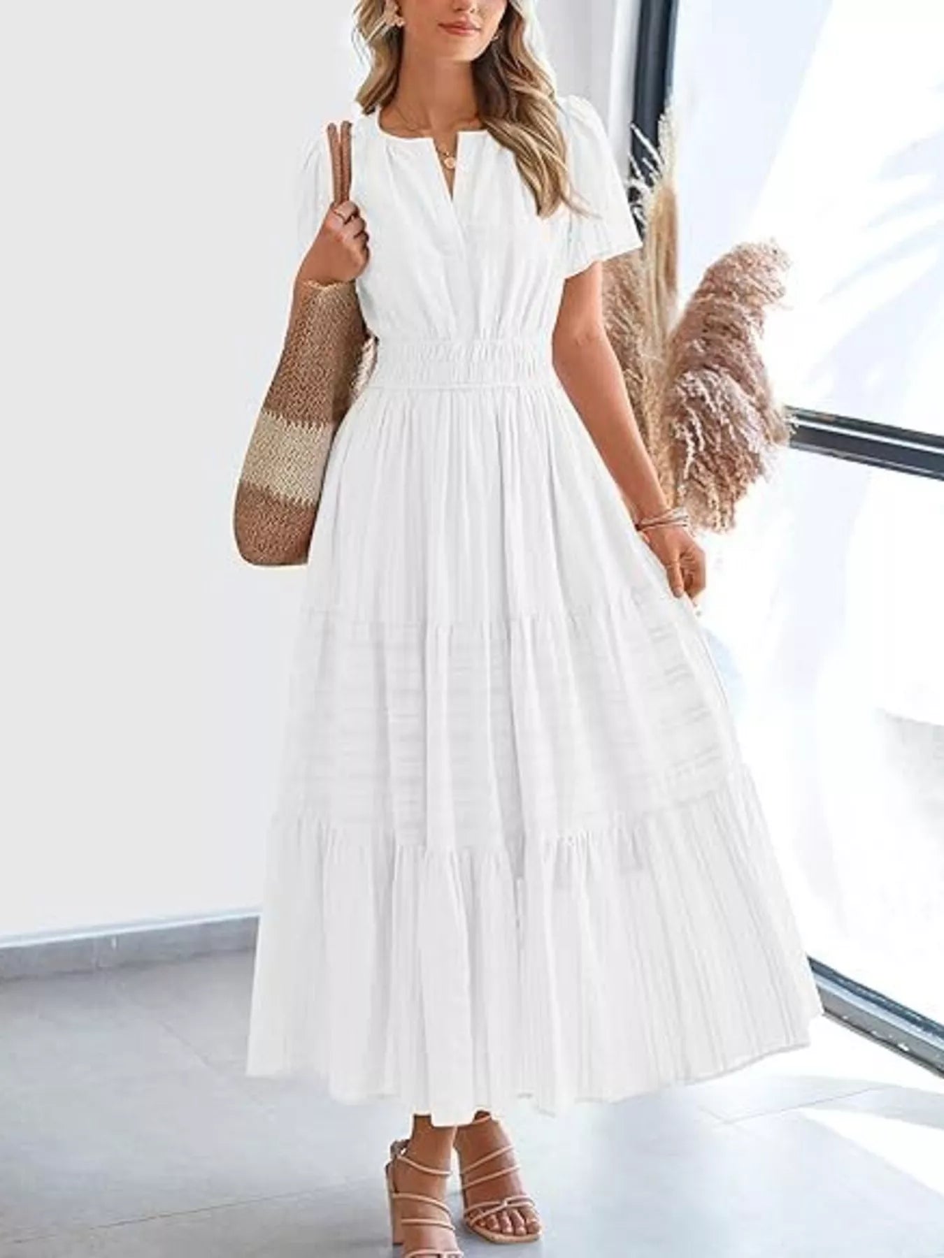 Full Size Short Sleeve Tiered Midi Dress Plus Size