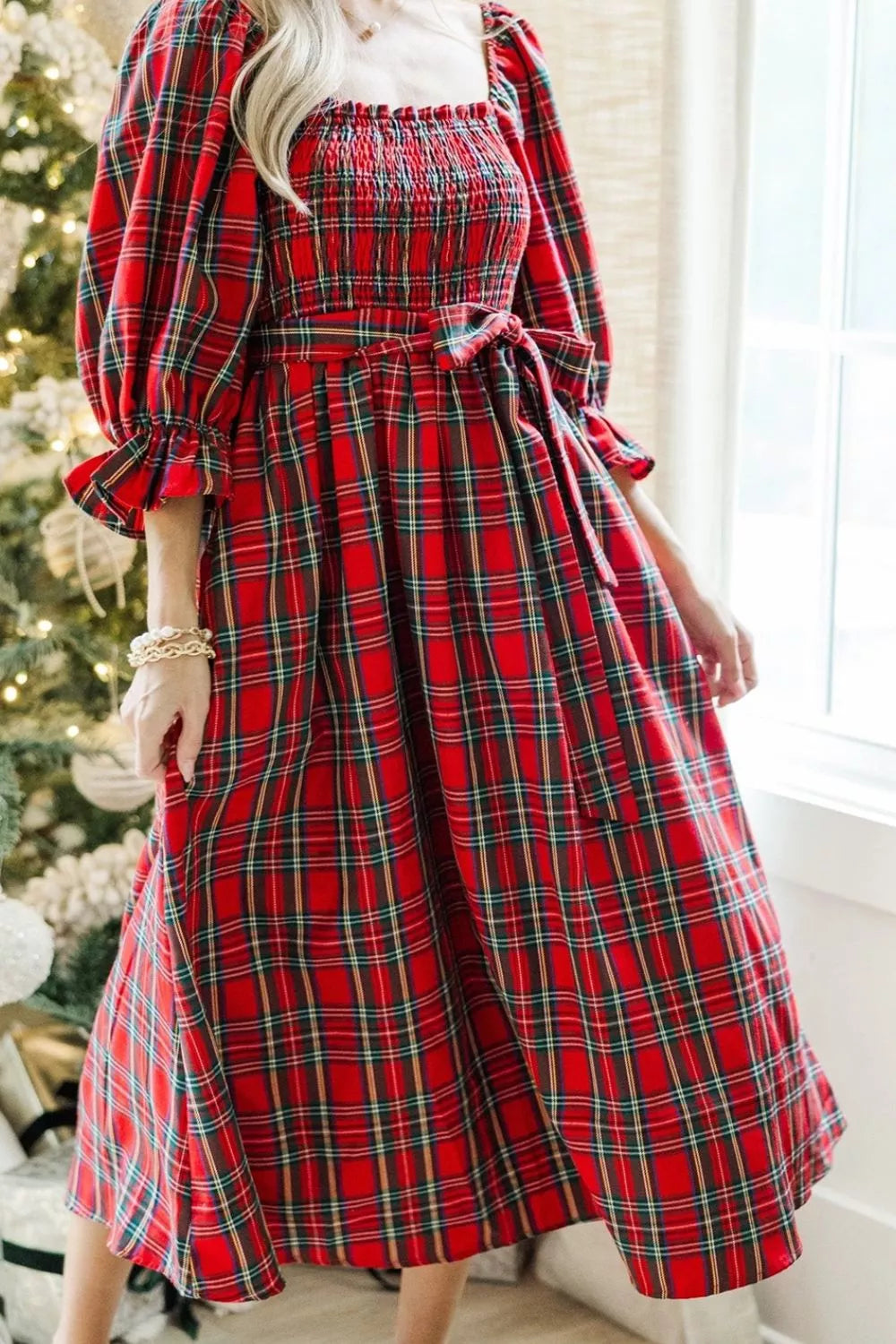 Plaid Smocked Flounce Sleeve Midi Dress