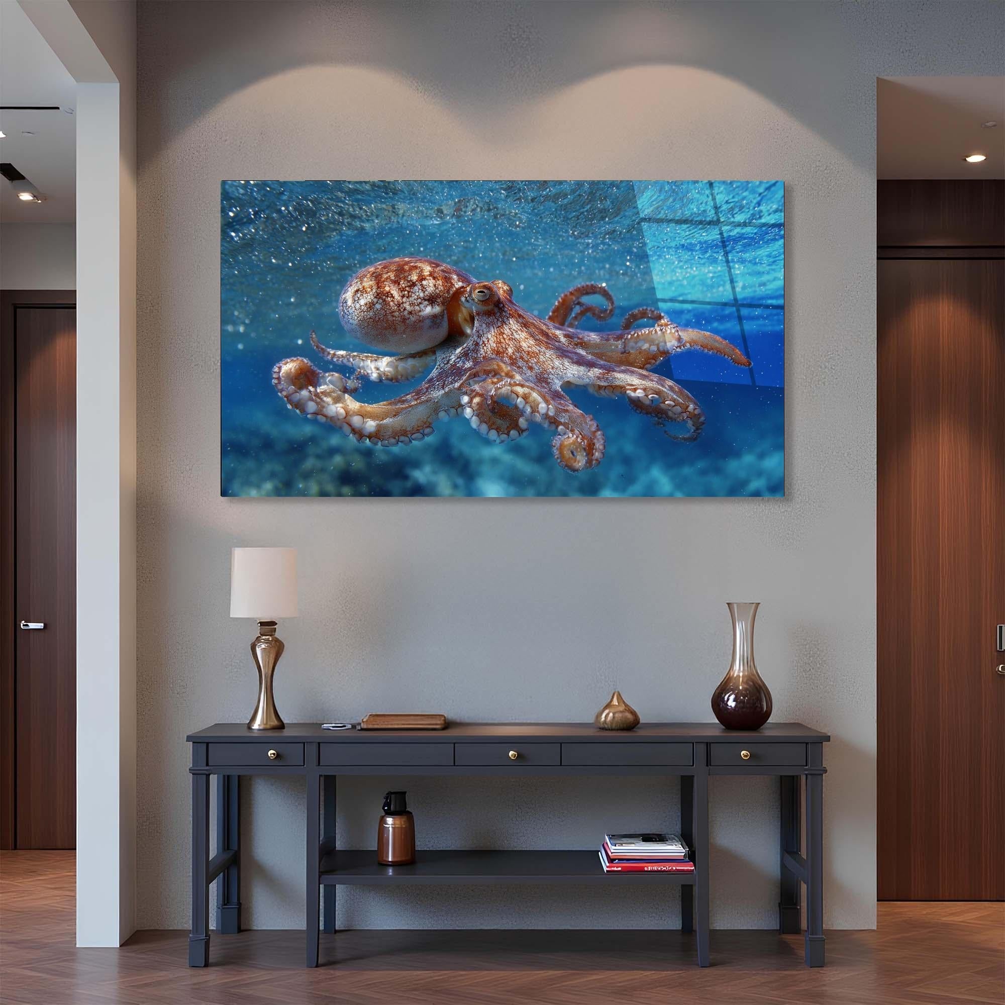 Octopus Tempered Glass Wall Art | Marine Life Coastal Decor