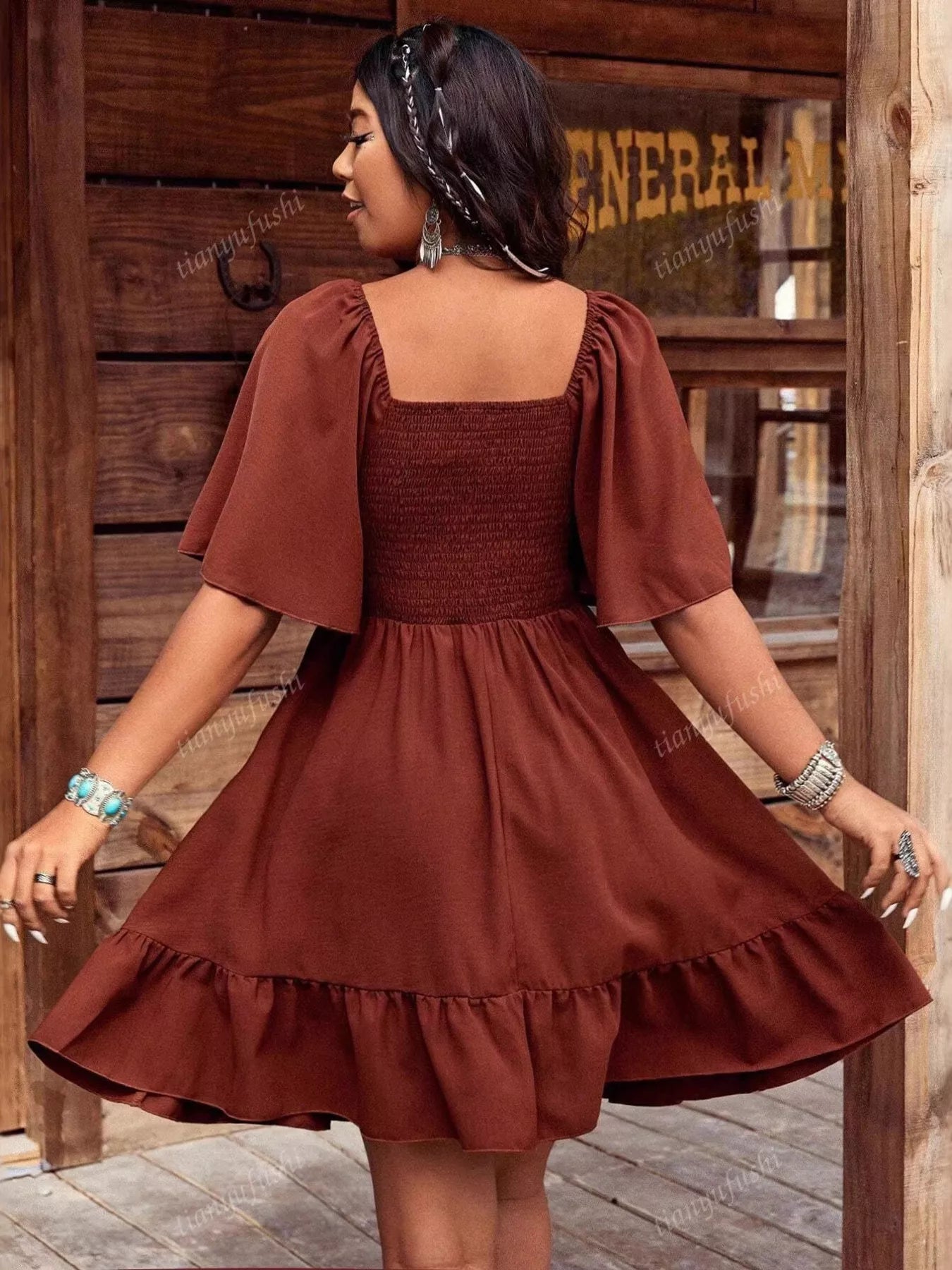 Embroidered Flutter Sleeve Mini Dress