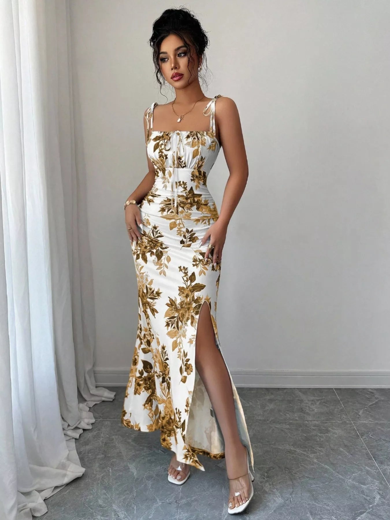 Printed Tie Strap Slit Maxi Dress