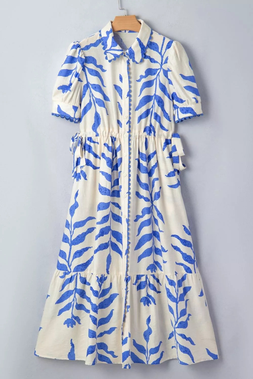Leafy Botanical Print Side Tie Button Down Maxi Dress