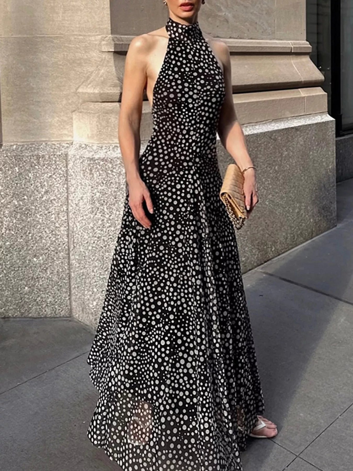 Halter Neck Polka Dot Maxi Dress